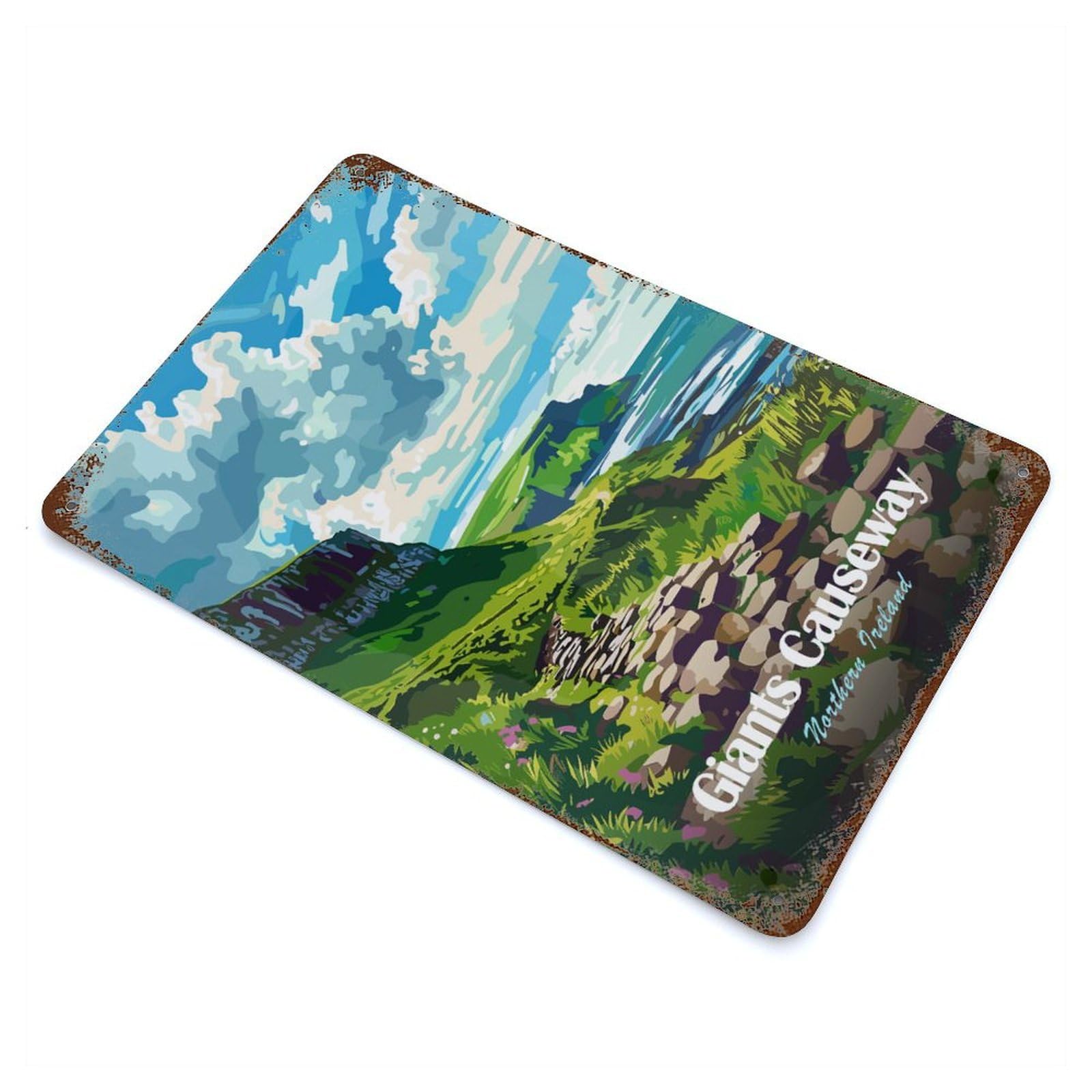 Aged Metal Wall Plaque with Giants Causeway Northern Ireland Landscape Art Design 11.8"x7.9", for Pub, Kitchen And Man Cave Decor, Shabby Chic Decor