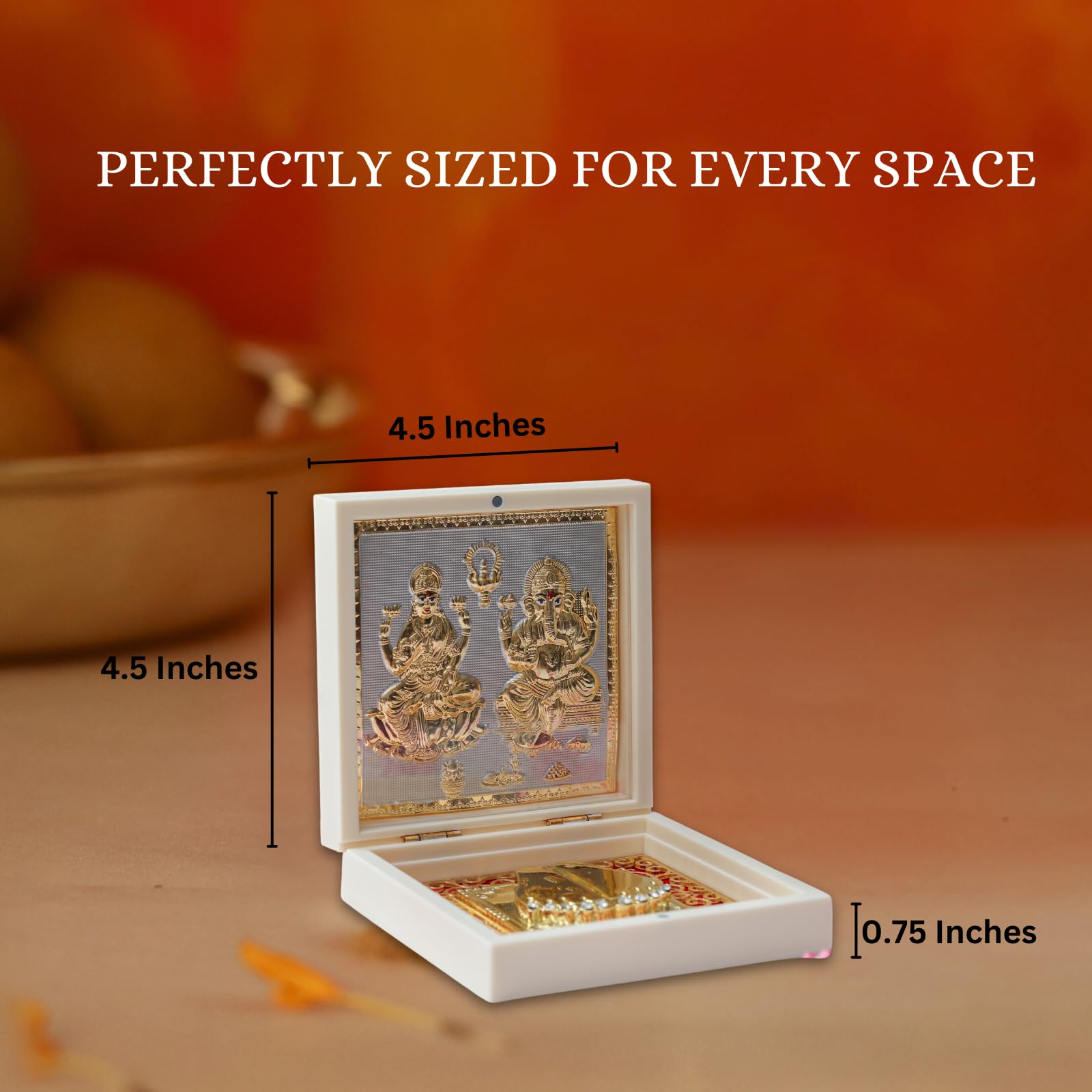 House Of Wemy Gold Plated Laxmi Ganesh Pocket Temple Box for Pooja Room | Lakshmi-Ganesha Divine Pooja Boxes With Photo Frame & Charan Paduka | Diwali Gift & Home Decor - White - 4.5 Inches -Pack of 1 - Image 2 thumbnail