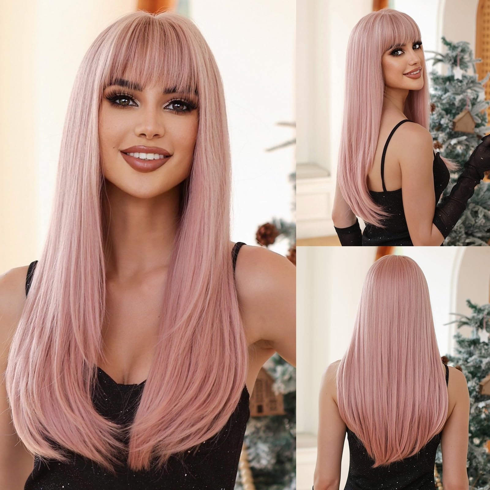 Perruque cheveux longs raides frange dégradée rose clair