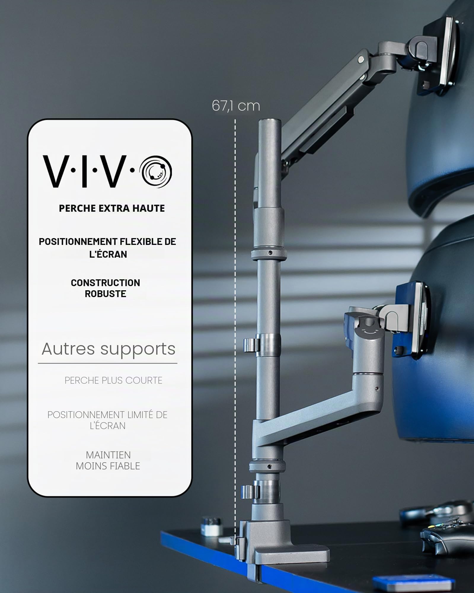 VIVO Support de bureau pour écran extra haut à bras pneumatique double ultra large pour écrans jusqu'à 49 pouces, support robuste avec pince, peut supporter 2 écrans ultra larges jusqu'à 19,9 kg, noir