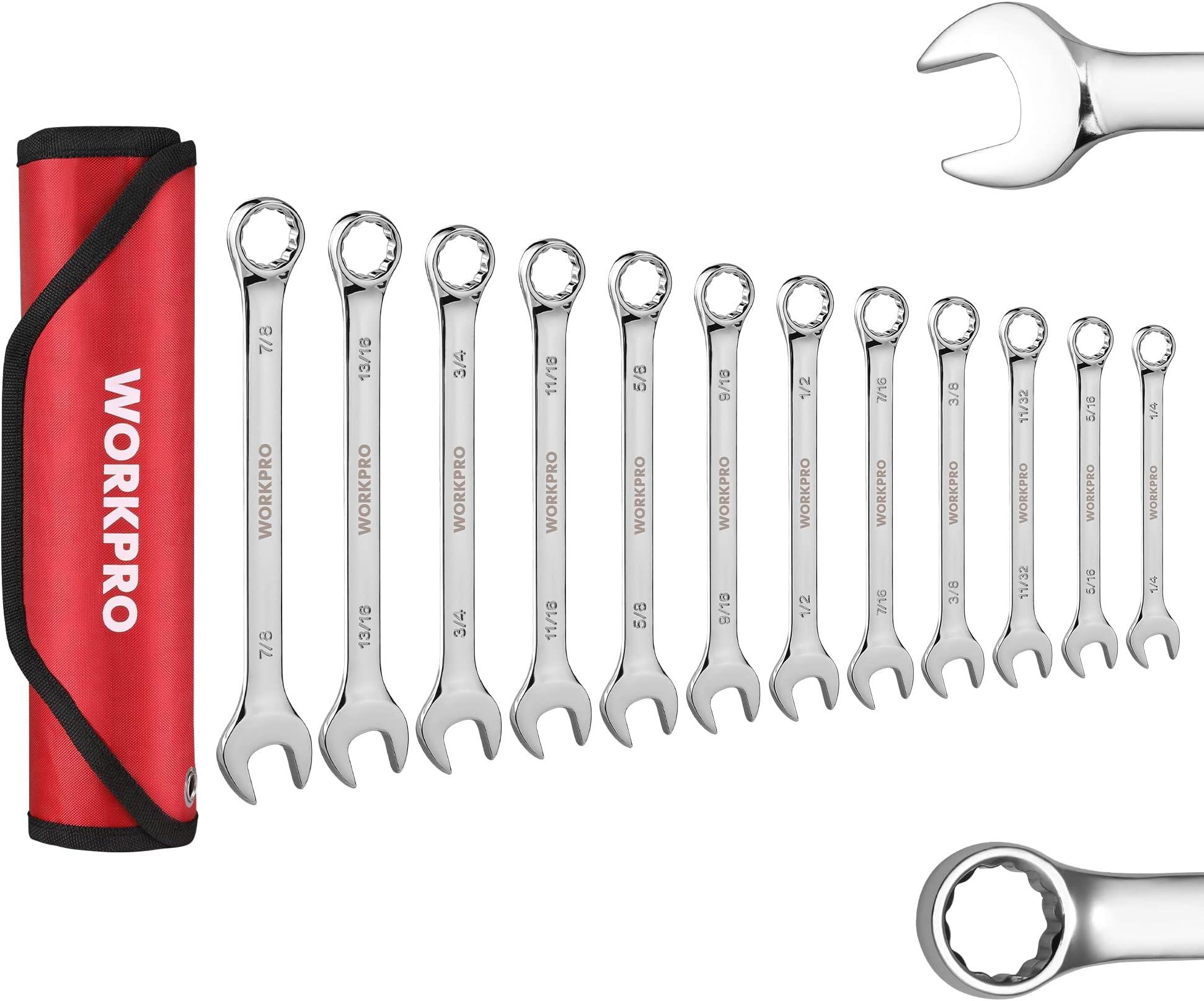 WORKPRO 12-Piece Combination Wrench Set, SAE 1/4"-7/8", Premium Cr-V Wrench Sets, 12PT, Mirror Polish Chrome Plating with Rolling Pouch