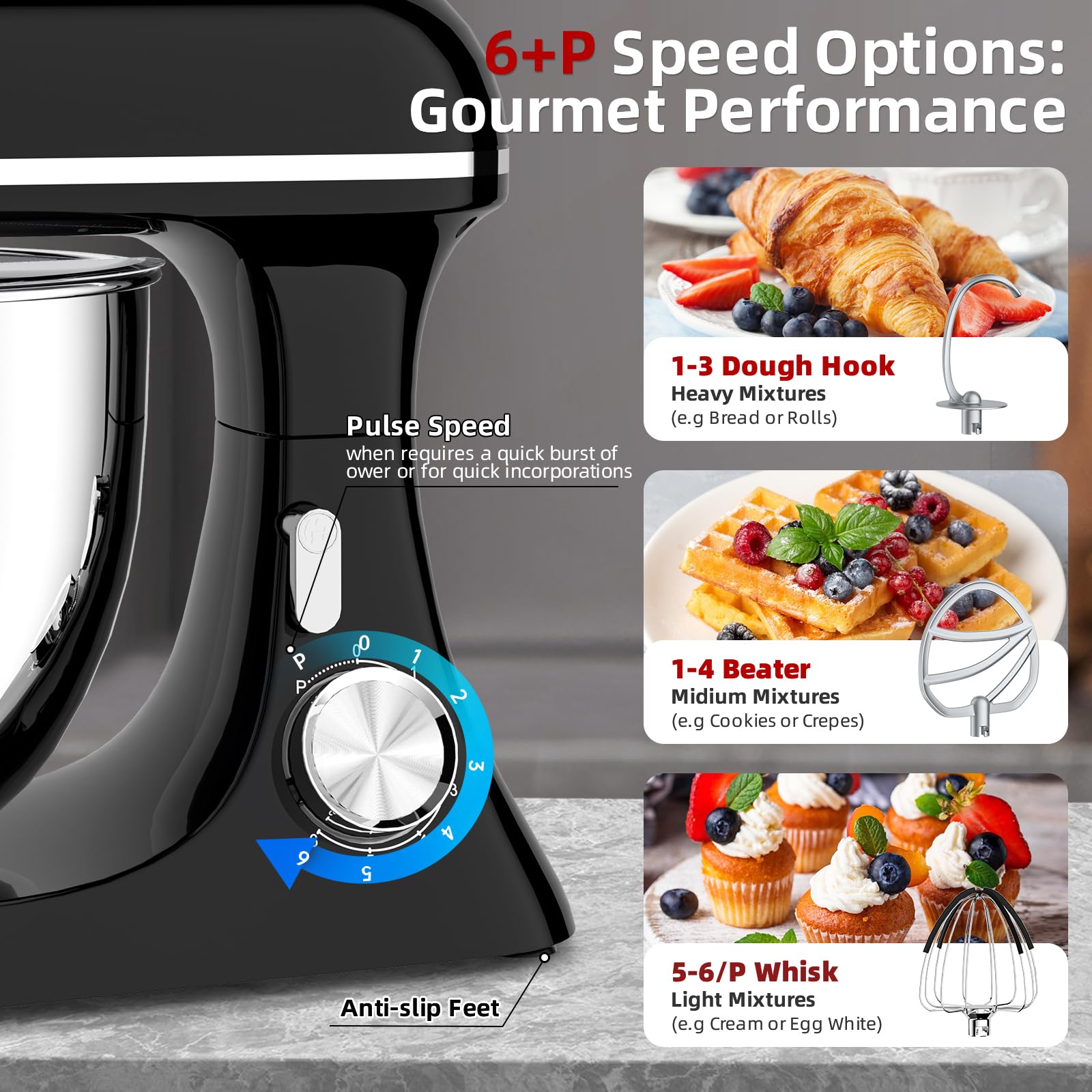 Batidora Amasadora 2000W 8L Robot de Cocina Amasador Multifunción con Bol de Acero Inoxidable, Batidor, Gancho para Masa, y Varillas, Raspador Protector Antisalpicaduras, 6+P Velocidades