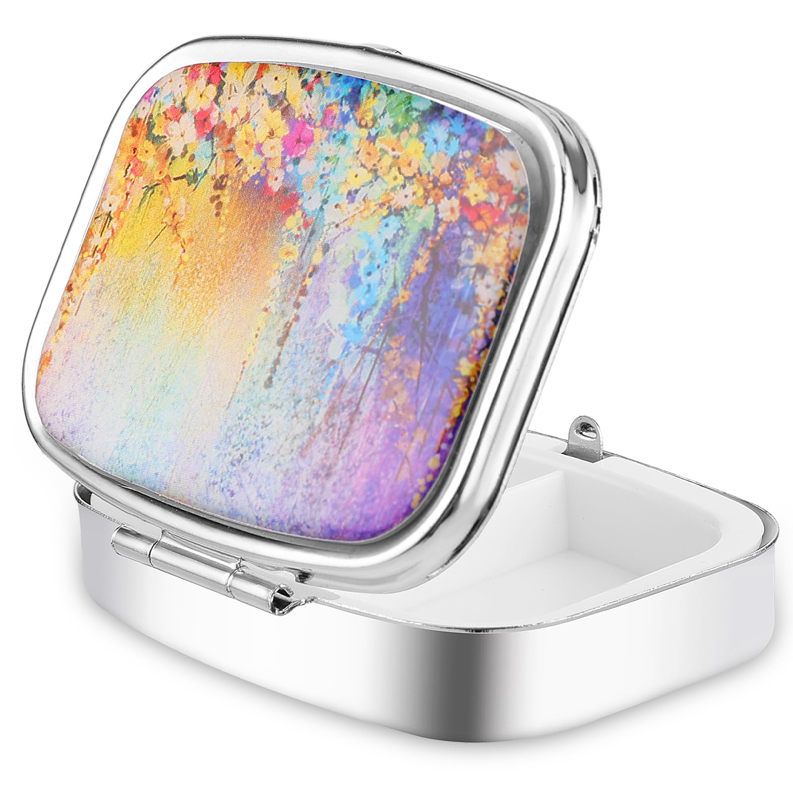 WLLHYF Pill Box 2 Compartment Portable Medicine Case Retro Flower Capsule Pill Organizer Decorative Metal Medicine Organizer Vitamin Box with Mirror for Pockets Purses Travel