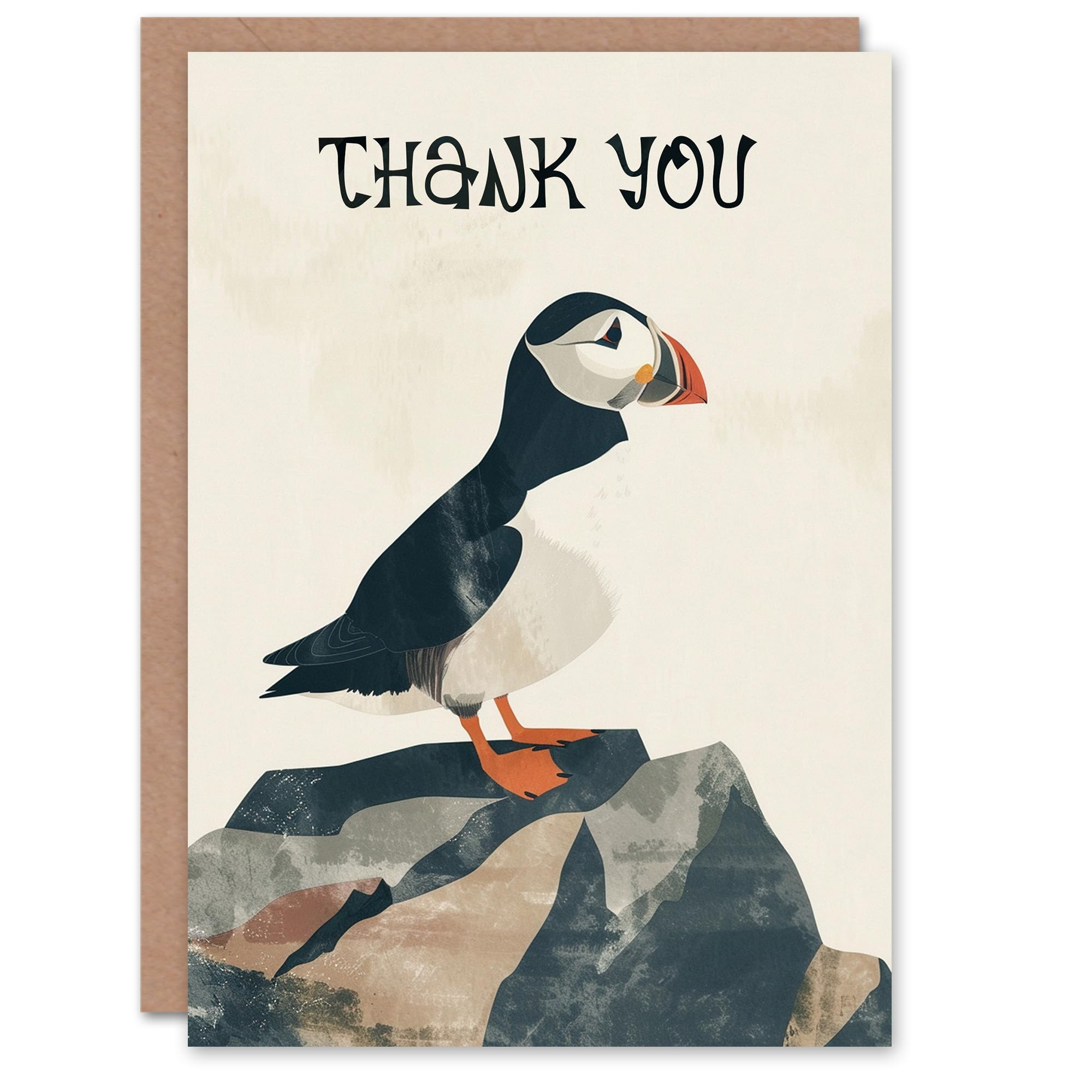 Artery8 Cute Puffin Bird on Rock Bright Graphic Design Blank For Him Or Her Art Thank You Card