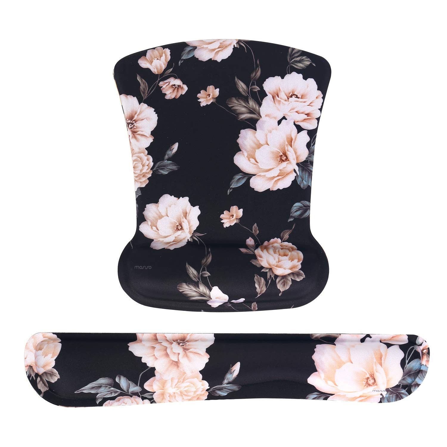 MOSISO Wrist Rest Support for Mouse Pad&Keyboard Set, Ergonomic Mousepad Non-Slip Rubber Base Home/Office Pain Relief & Easy Typing Cushion with Neoprene Cloth&Raised Memory Foam, Black Base Camellia