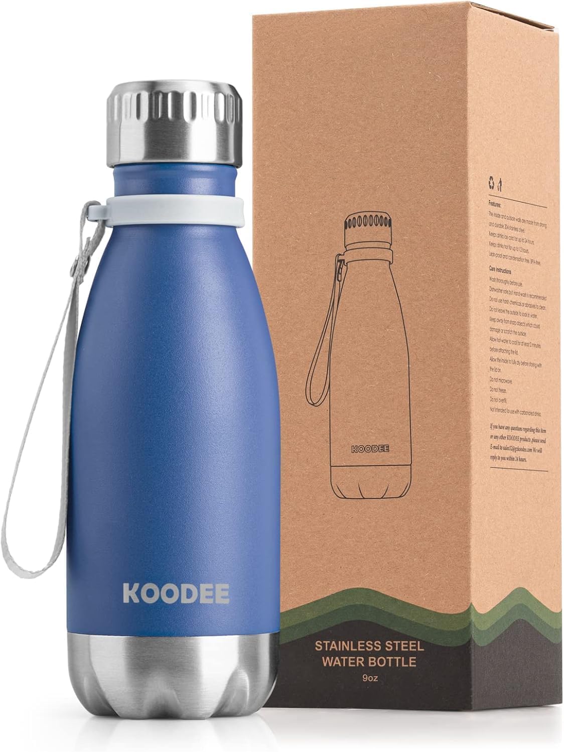 koodee 12 oz Stainless Steel Vacuum Insulated Water Bottle for School-Cola Shape Metal Sports Water Bottles for Boys, Leakproof and BPA Free (Royal Blue)