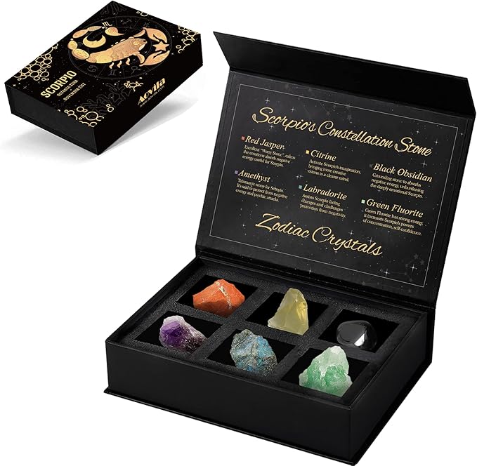 Scorpio Crystals Gift Set, Zodiac Signs Healing Crystals Birthstones with Horoscope Box Set Scorpio Astrology Crystals Healing Stones Gifts