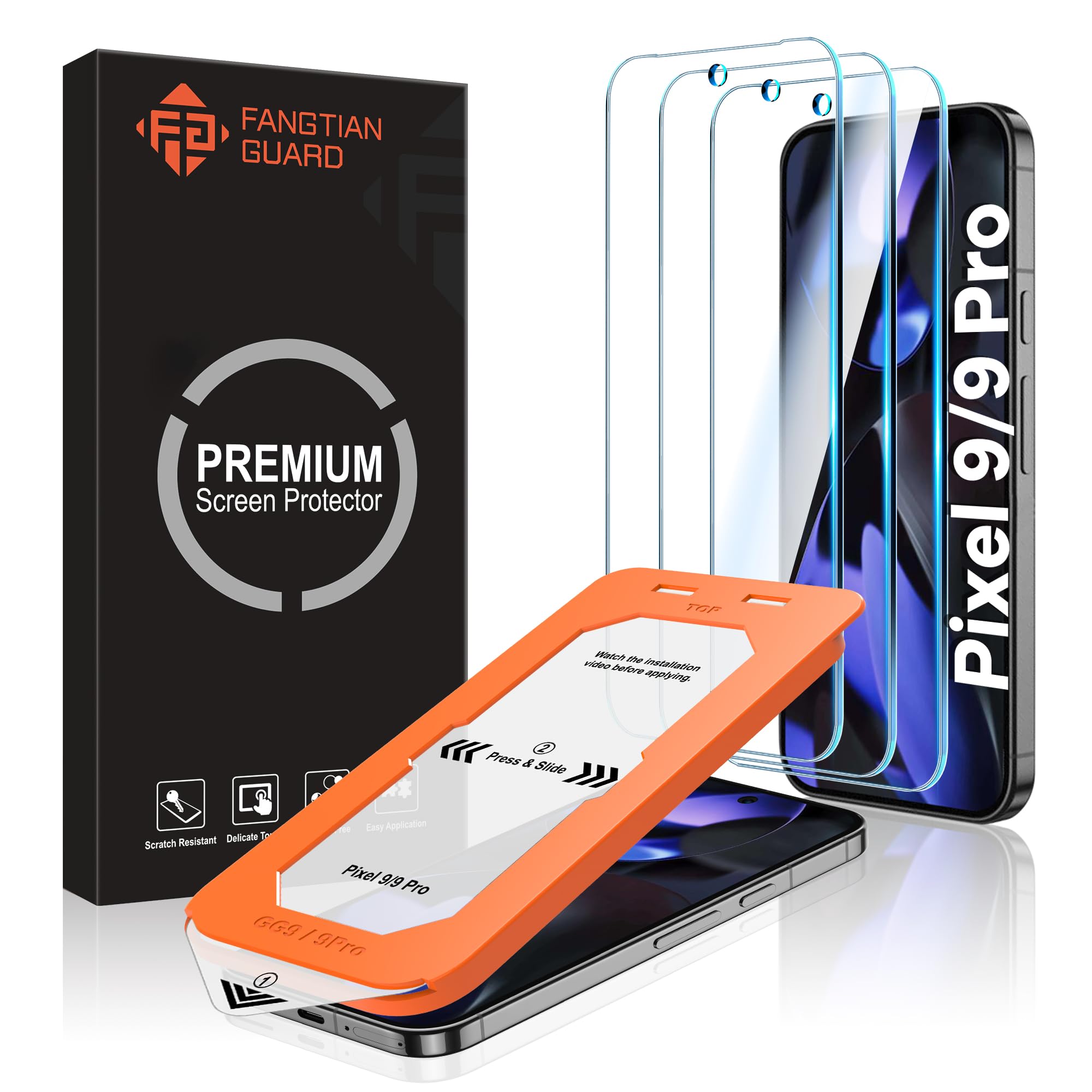 [3 Pack] FANGTIAN for Google Pixel 9/9 Pro Screen Protector - Tempered Glass Screen Protector for Google Pixel 9 & 9 Pro,Fast Alignment Tool,9H Tempered Glass,Case Friendly [2024]