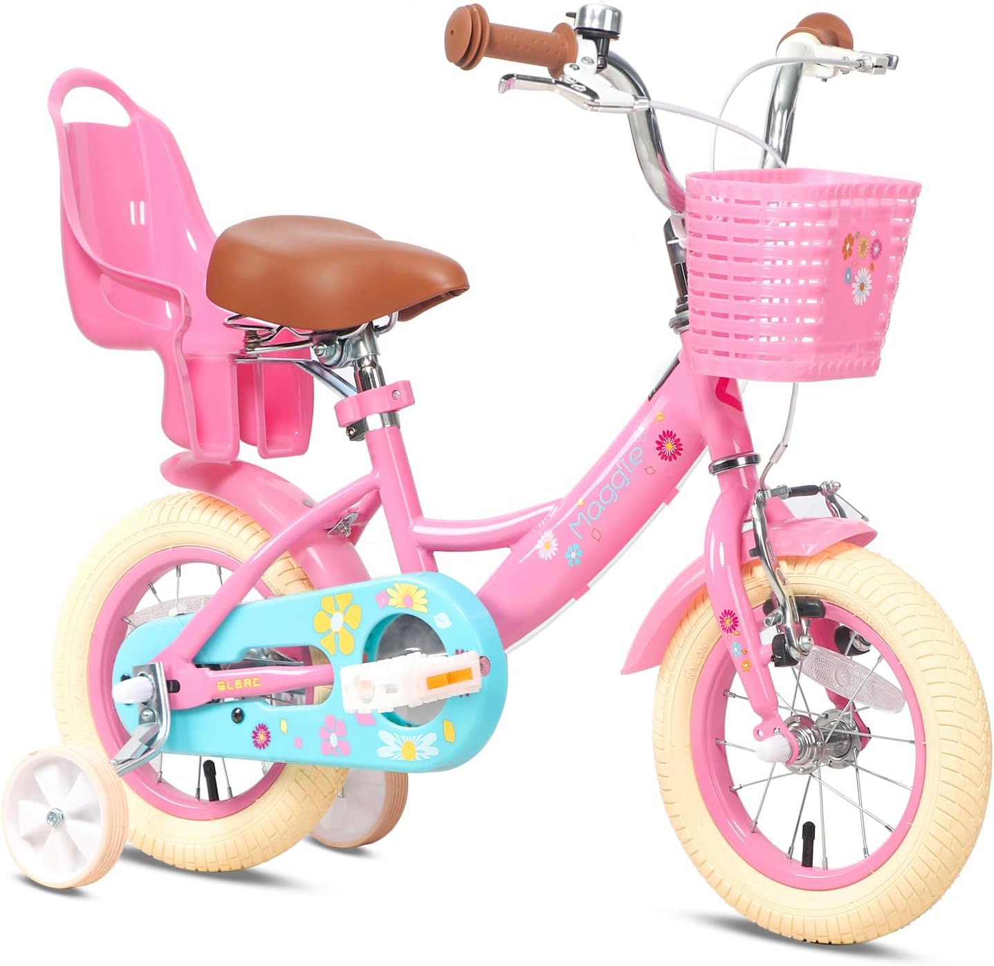 Glerc Maggie 14 Inch Girls Bike Ages 2 3 4 5 6 7 Years Old Kids Bicycle Princess Style with Doll-Seat & Basket & Training Wheels & Bell, Pink