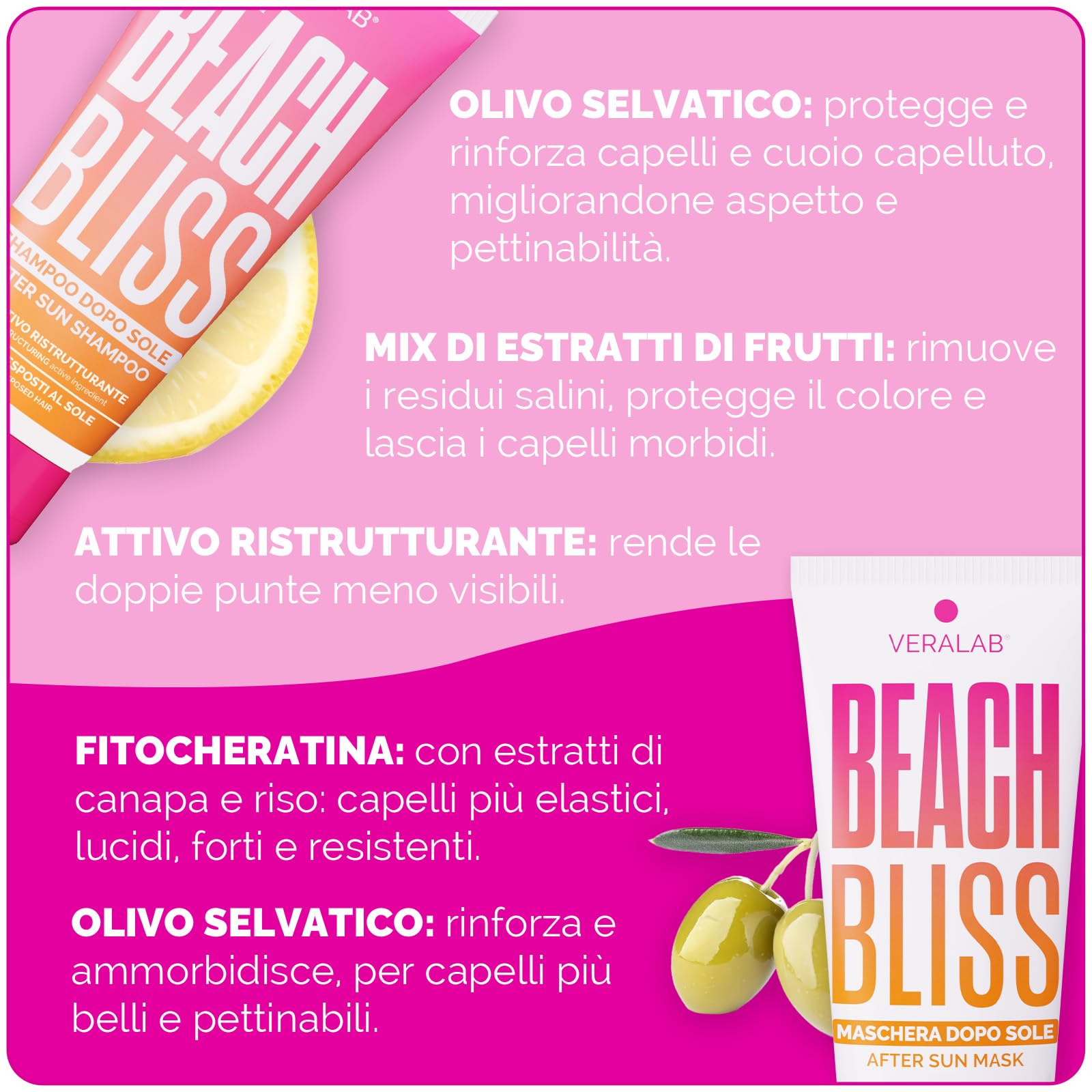 Veralab Kit Beach Bliss, Shampoo Doposole Protettivo + Maschera Doposole Nutriente e Districante + Pochette