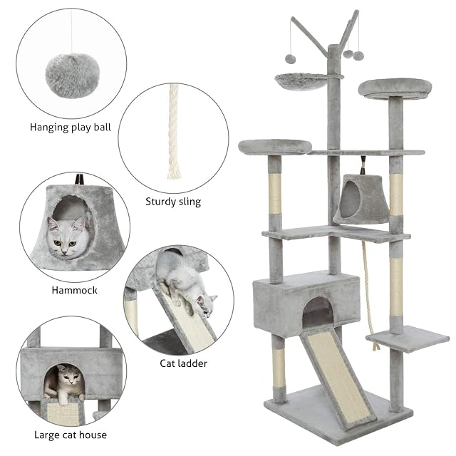 Foto 4 de 7 de Meerveil Árbol para Gatos, Rascador Alto para Gatos con Tobogán Cubierto de Sisal Nido Cómodo 2 Habitación