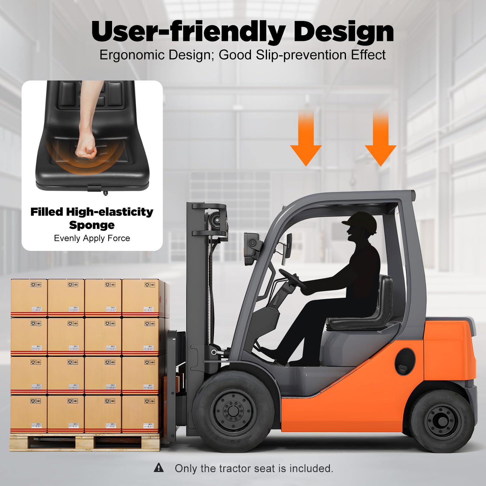 Sedile universale per carrello elevatore, 35 x 38,5 x 30 cm, fino a 100 kg, con regolazione longitudinale di 16 cm, sedile per trattore e carrello elevatore