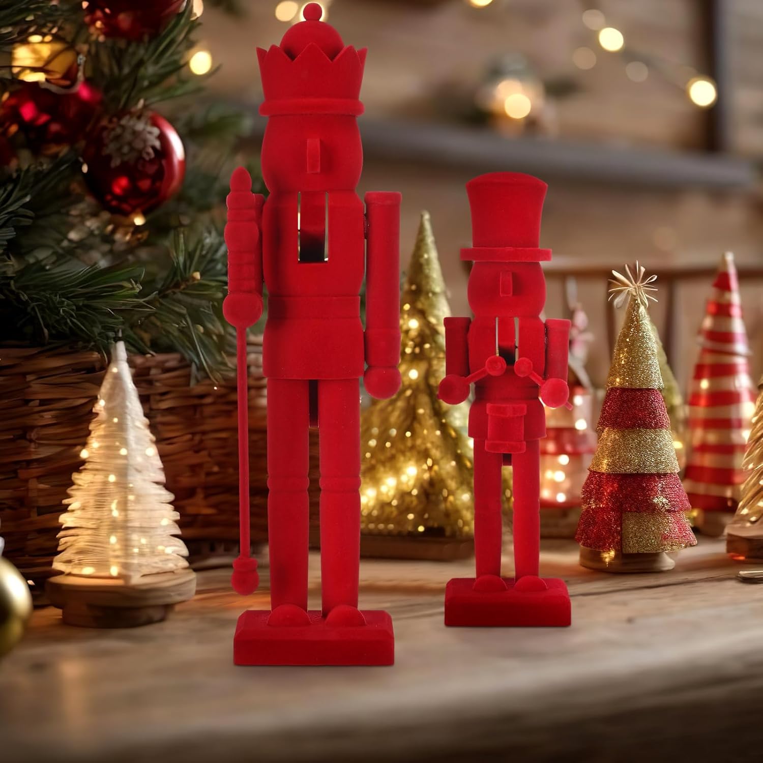 2 Pcs Christmas Nutcracker Ornaments 15'' 10'' Traditional Nutcracker Figures Christmas Decor Soldier Festive Collectible Gift for Table Fireplace Home(Red,Wooden+Velvet)