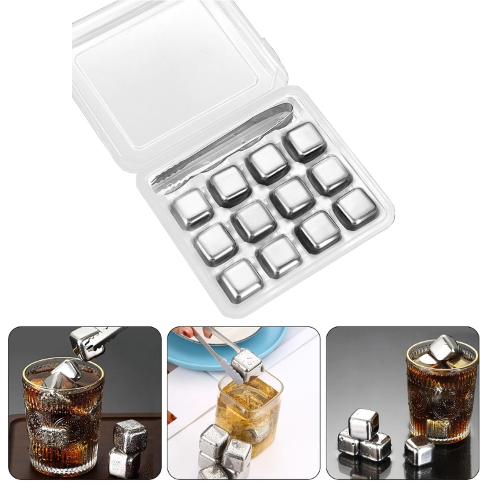12 cubos de hielo con pinzas, accesorios de metal, textura de acero inoxidable 304, adecuados para beber, cubos de metal con pinzas
