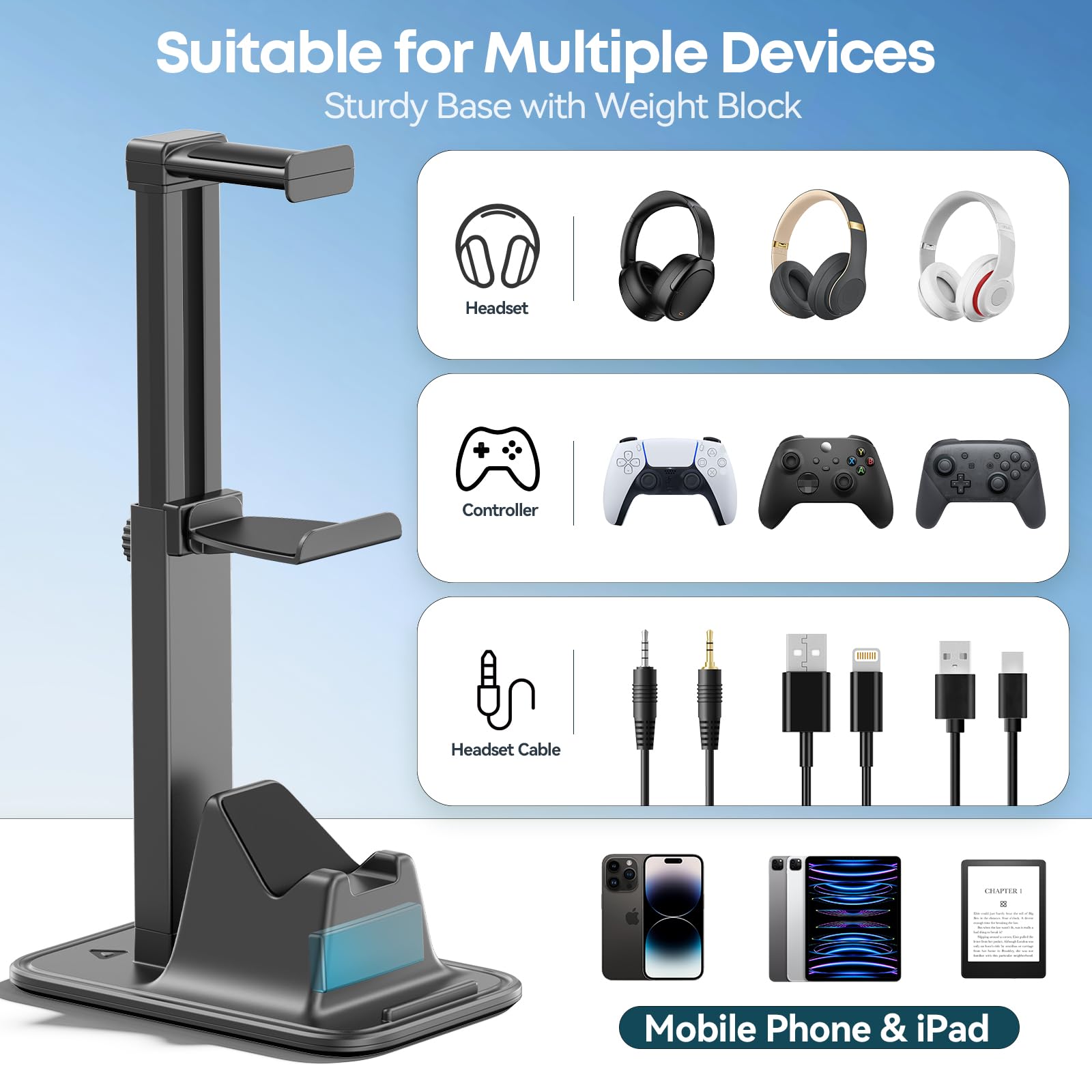 Supporto Cuffie e Joystick da Scrivania Regolabile in Altezza, Supporto Cuffie Gaming Ruotabile a 360° con Supporto per Cellulare e Dual Controller, Accessori Gaming Adatto a Tutte le Cuffi