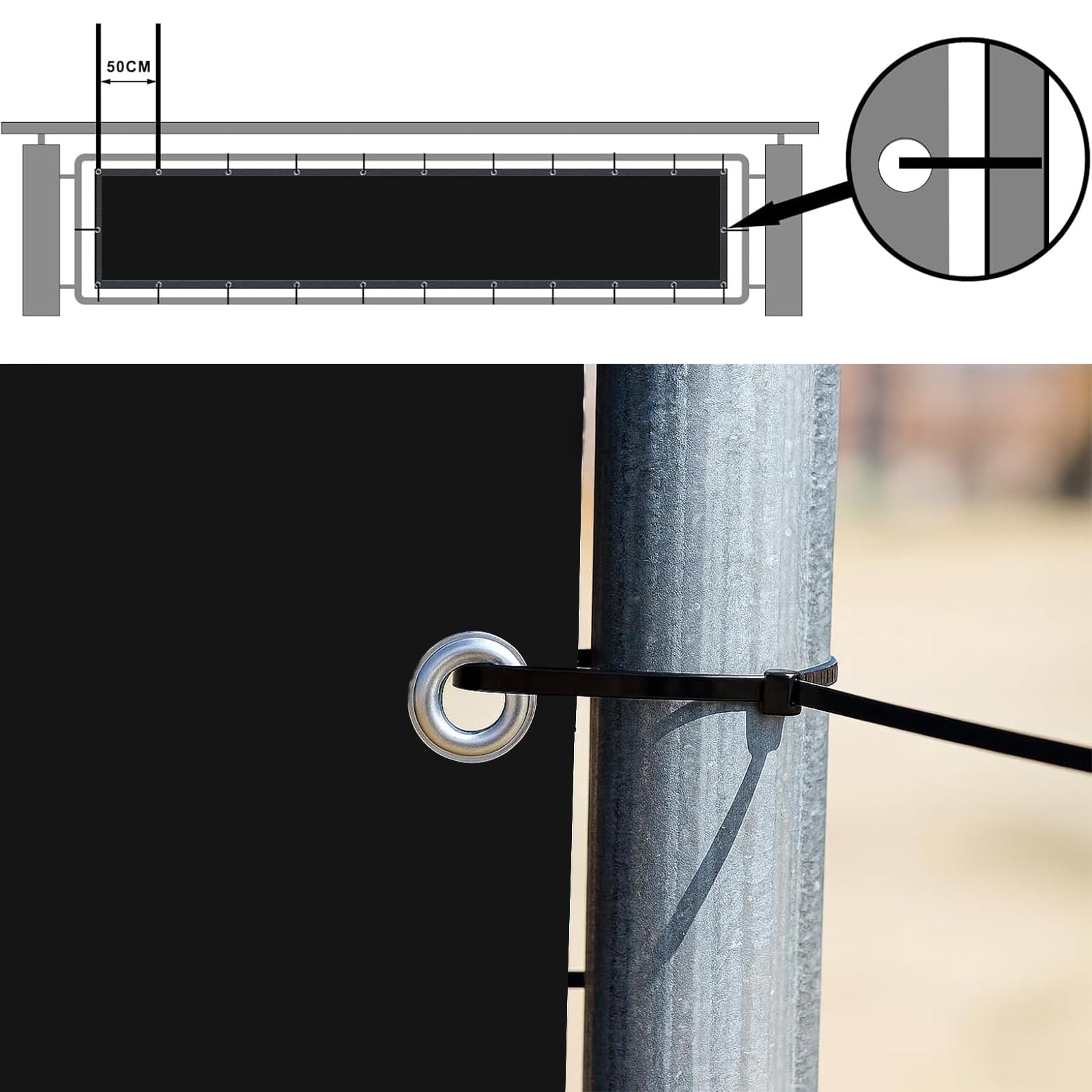 Telo Frangivisto 50 x 325 cm Anti-UV, Oscurante, Résistant Au Vent, Antistrappo Protezione Privacy Balcone con Occhielli, Fascetta per Terrazza, Nero