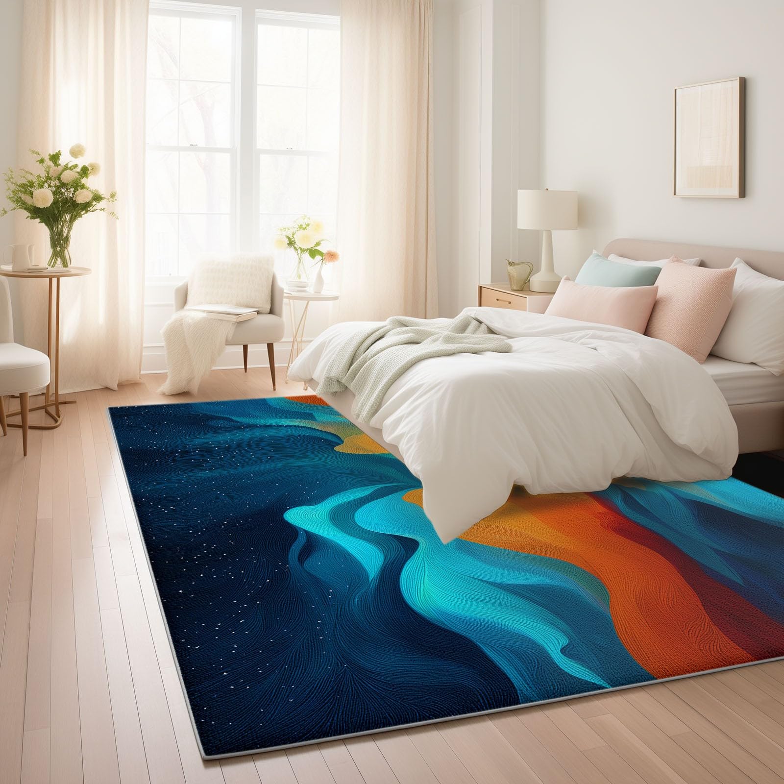 Tapis De Salon 160 x 230 cm, Tapis Lavables Vagues Océaniques Coucher De Soleil Chemin avec Dos Antidérapant, Doux et Facile d'entretien, pour Cuisine Salle à Manger Bureau et Chambre Art Abstrait