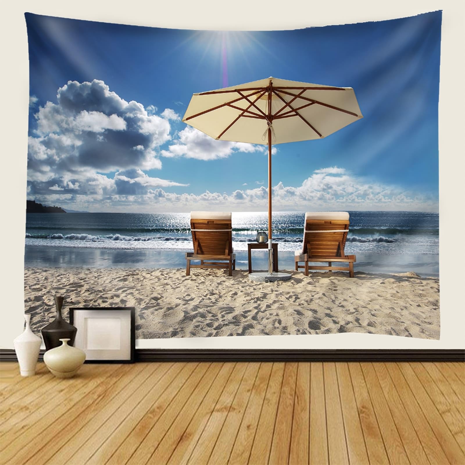 Lirzxin Telo Arazzo Parete, Arazzi da Parete Moderni Blu Beige Paesaggio di Sdraio da Spiaggia e Mare Tapestry Utilizzato in Camera da Letto, Soggiorno, Decorazione Murale, 260x240CM