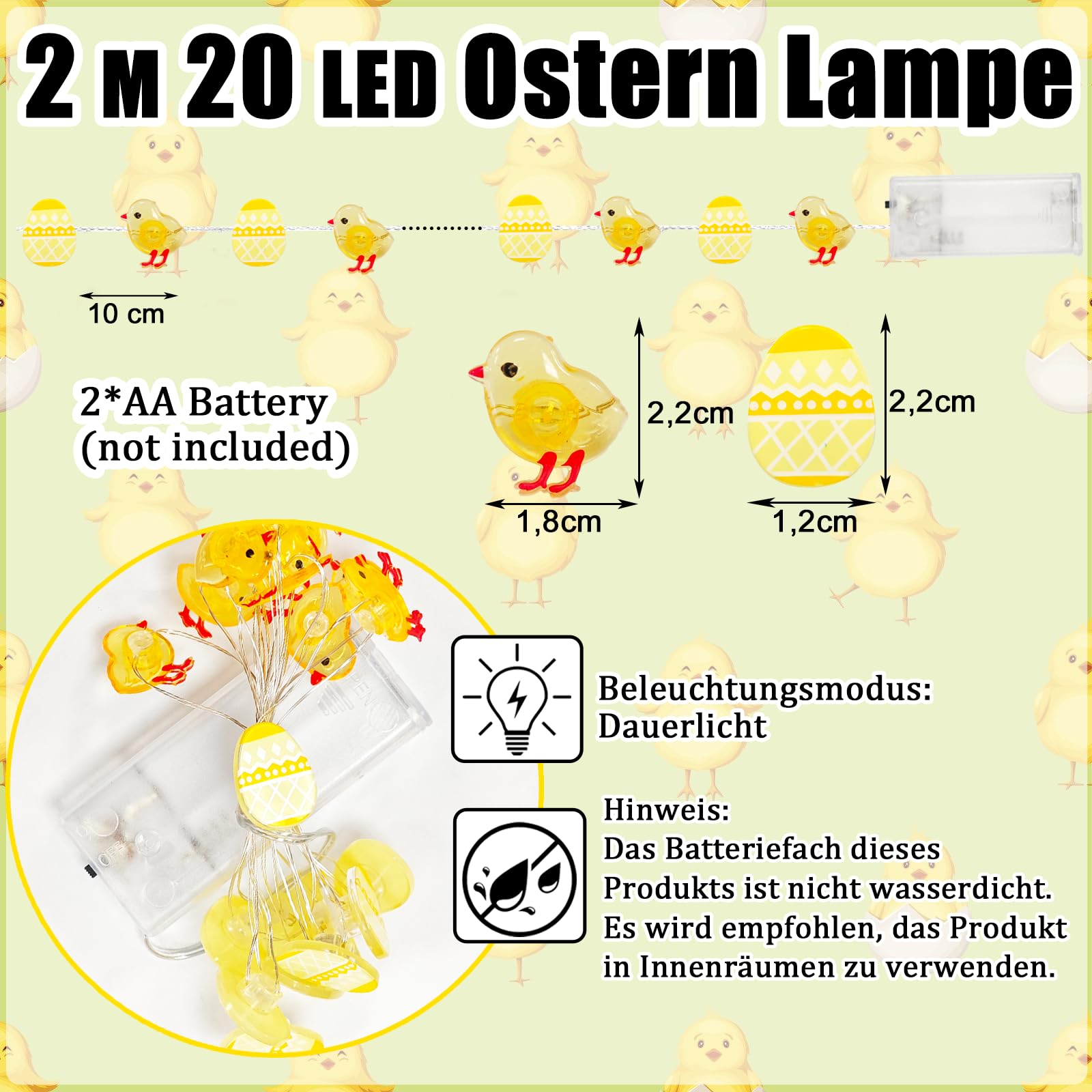 Koboko łańcuch świetlny na Wielkanoc, 2 m, 20 diod LED, dekoracja wielkanocna, łańcuch świetlny na baterie, łańcuch świetlny LED, dekoracja wielkanocna, do użytku wewnątrz i na zewnątrz, na imprezę