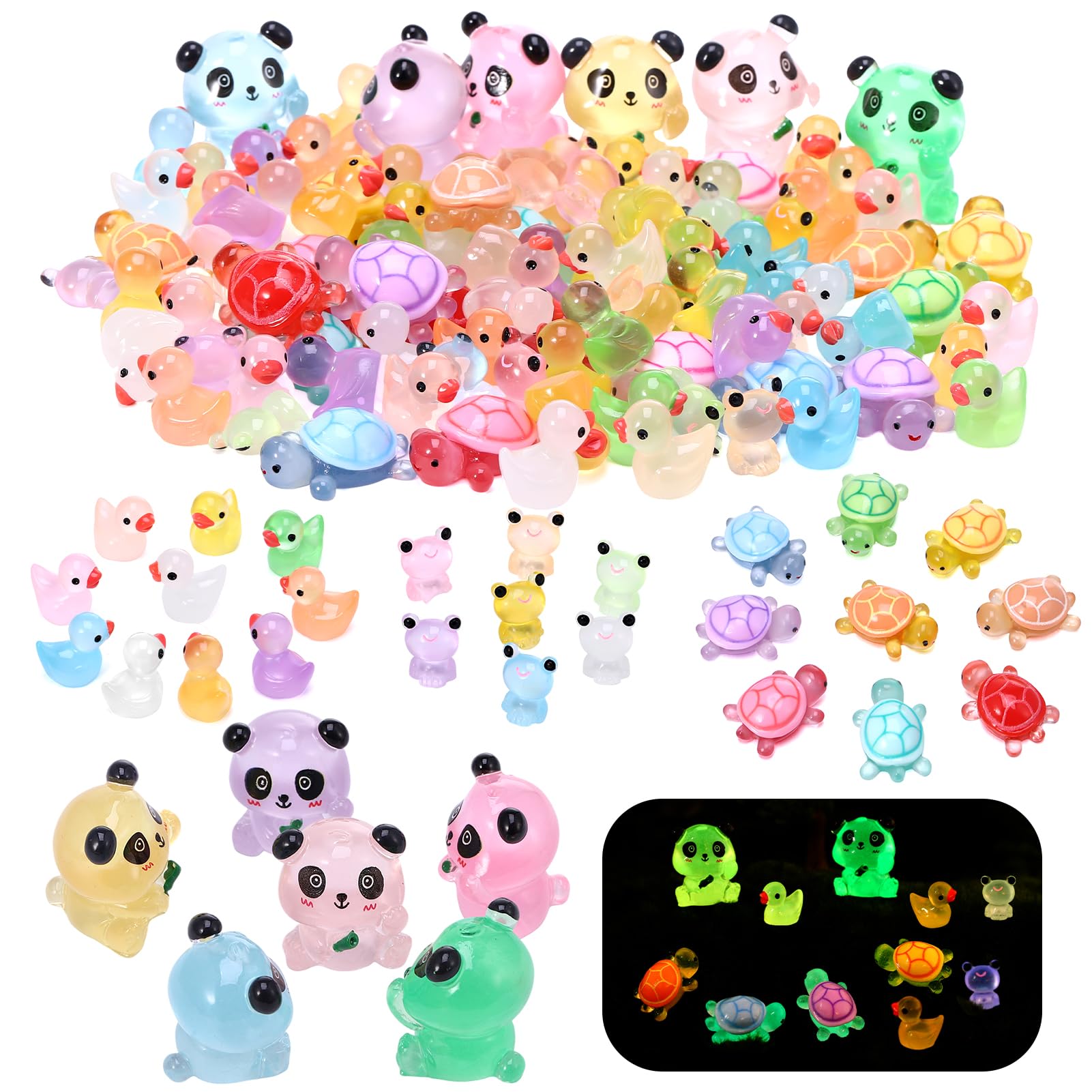 90 Pieces Luminous Mini Resin Animals,Tiny Miniature Resin Animals Mini Glow in the Dark Ducks Panda Turtle Frog Miniature Little Small Figures for Dollhouse Decor