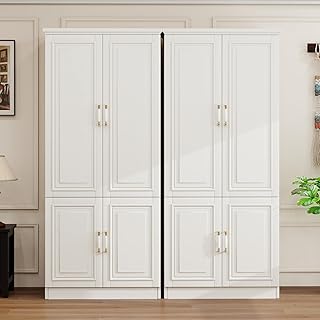 Solid Wood Wardrobe Closet:TemkTuek 70.87" Armoire,Clothing Storage Cabinet with Mirror,Doors,Shelves and Hanging Rails,Vintage Freestanding,Bedroom,White(18-18)