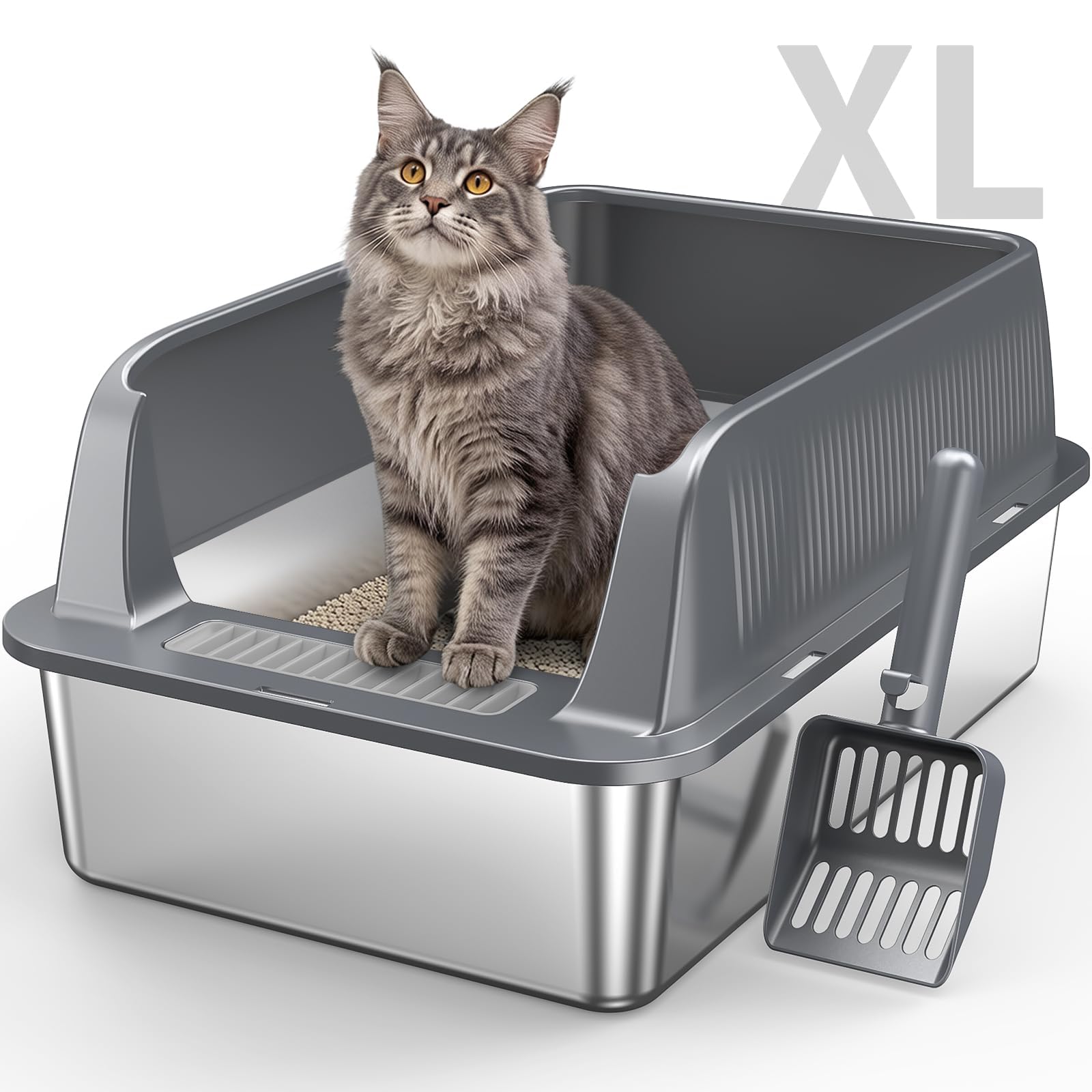 Stainless Steel Open Cat Litter Box,XL Extra Large High-Sided Metal Litter Tray for Big Cats, Easy-Clean Removable Deep Pan, Non-Stick Odour-Free, Includes Scoop & Pedal, 2 Pack, Deep Grey