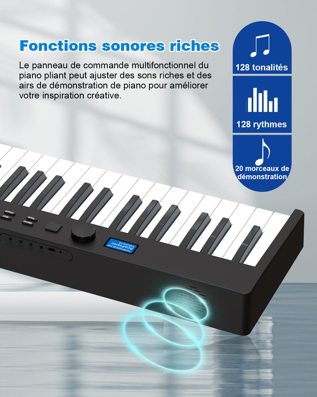 Piano numérique pliable 88 touches, clavier semi-lesté de taille originale, Bluetooth MIDI, piano électrique portable avec pédale de soutien, pupitre et sac de transport pour débutants et