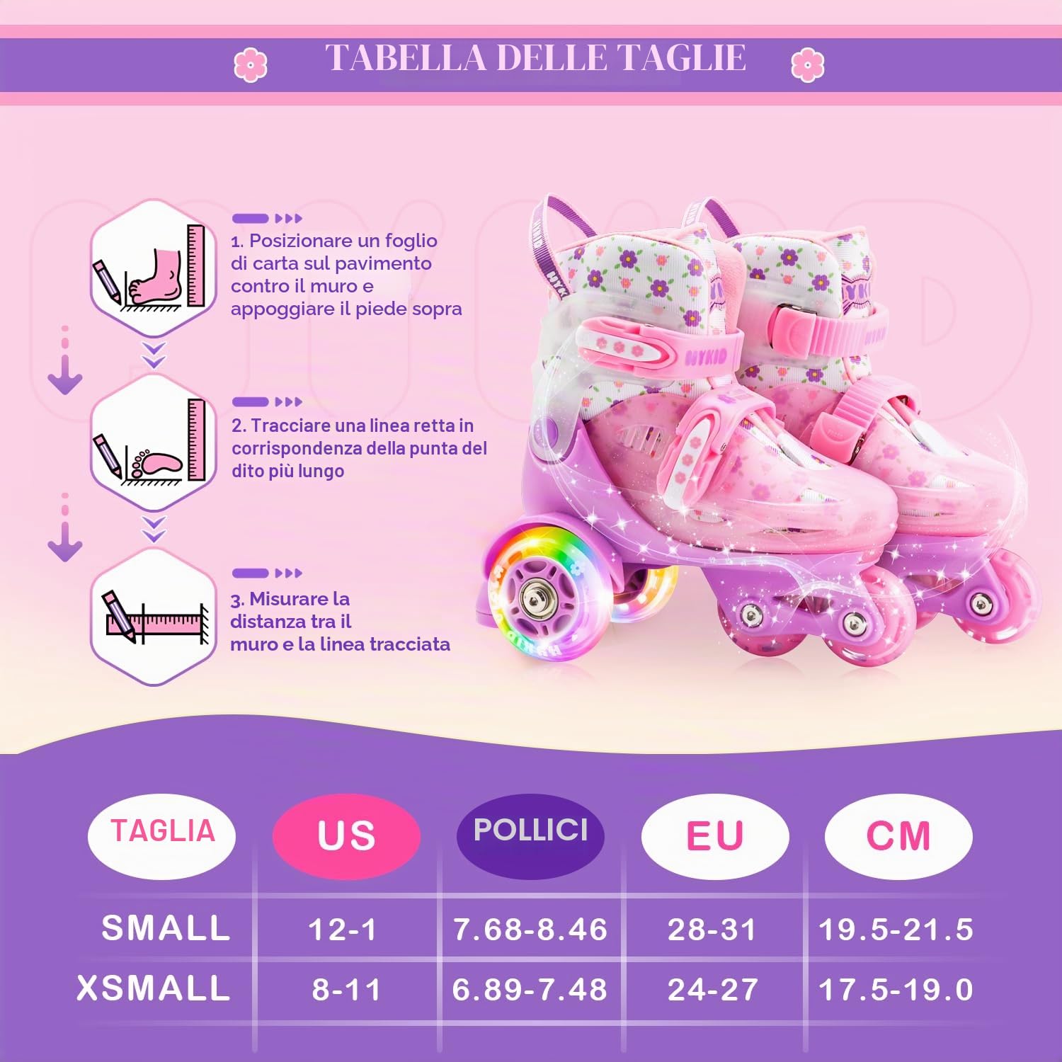 Pattini a Rotelle Bambina 4 Misure Regolabili, Struttura 3 Punti Stabile, Ruote Illuminate
