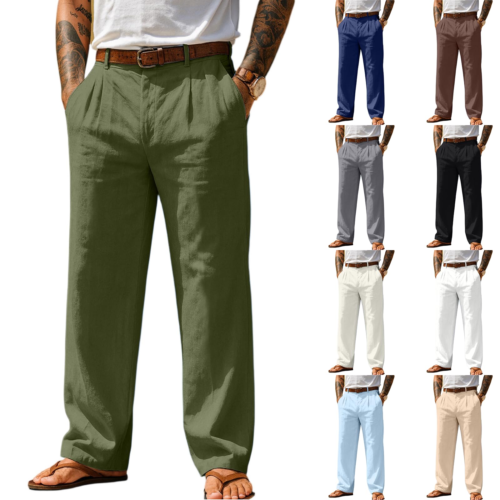 Linen Dress Pants Men Pleated High Waisted Linen Trousers Beach Vacation Travel Pantalones de Vestir para Hombres
