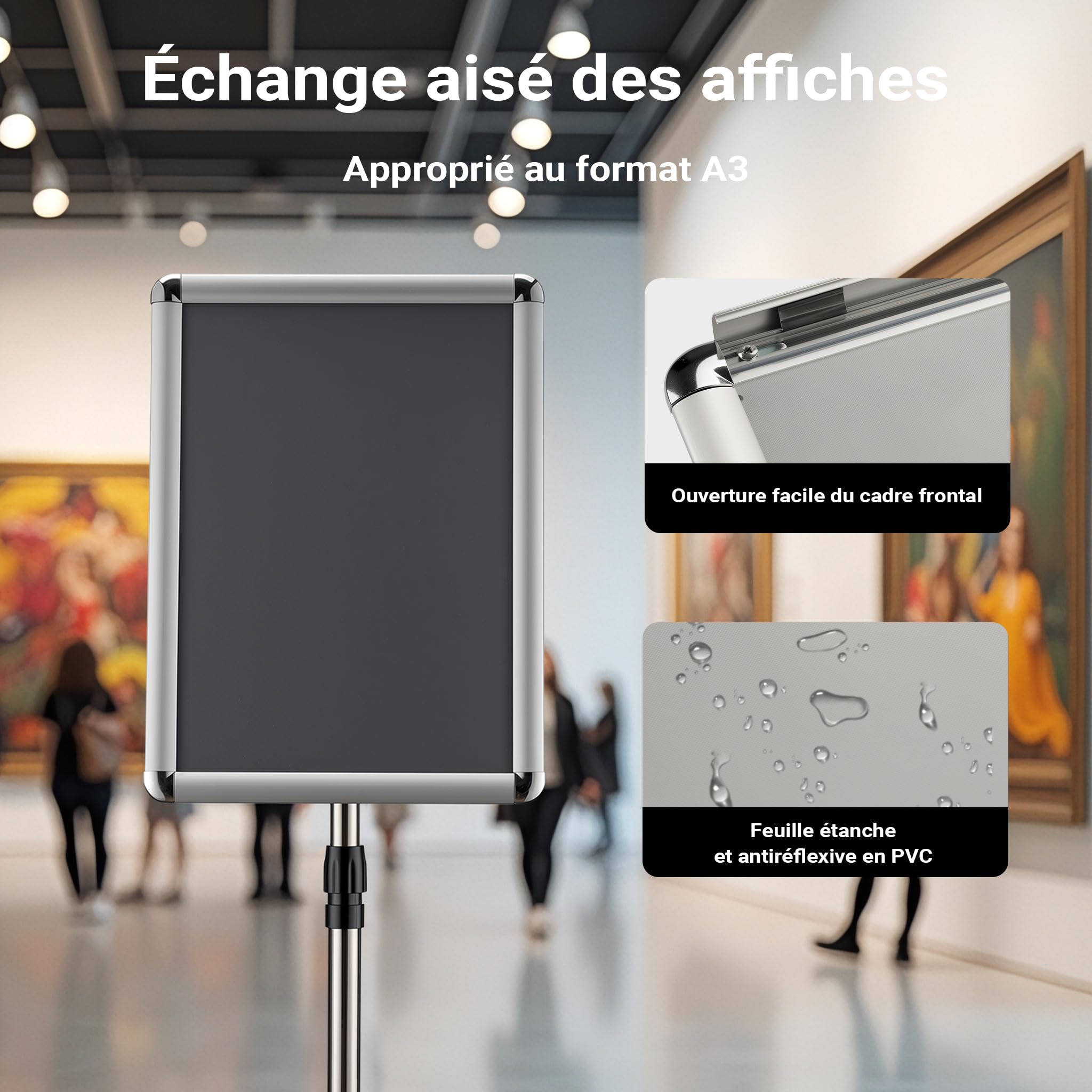 Wiltec Présentoir sur pied A3 – Hauteur réglable 88-138 cm – en Aluminium et acier inox – Support Stop client pour Documents, Brochures, Affiches