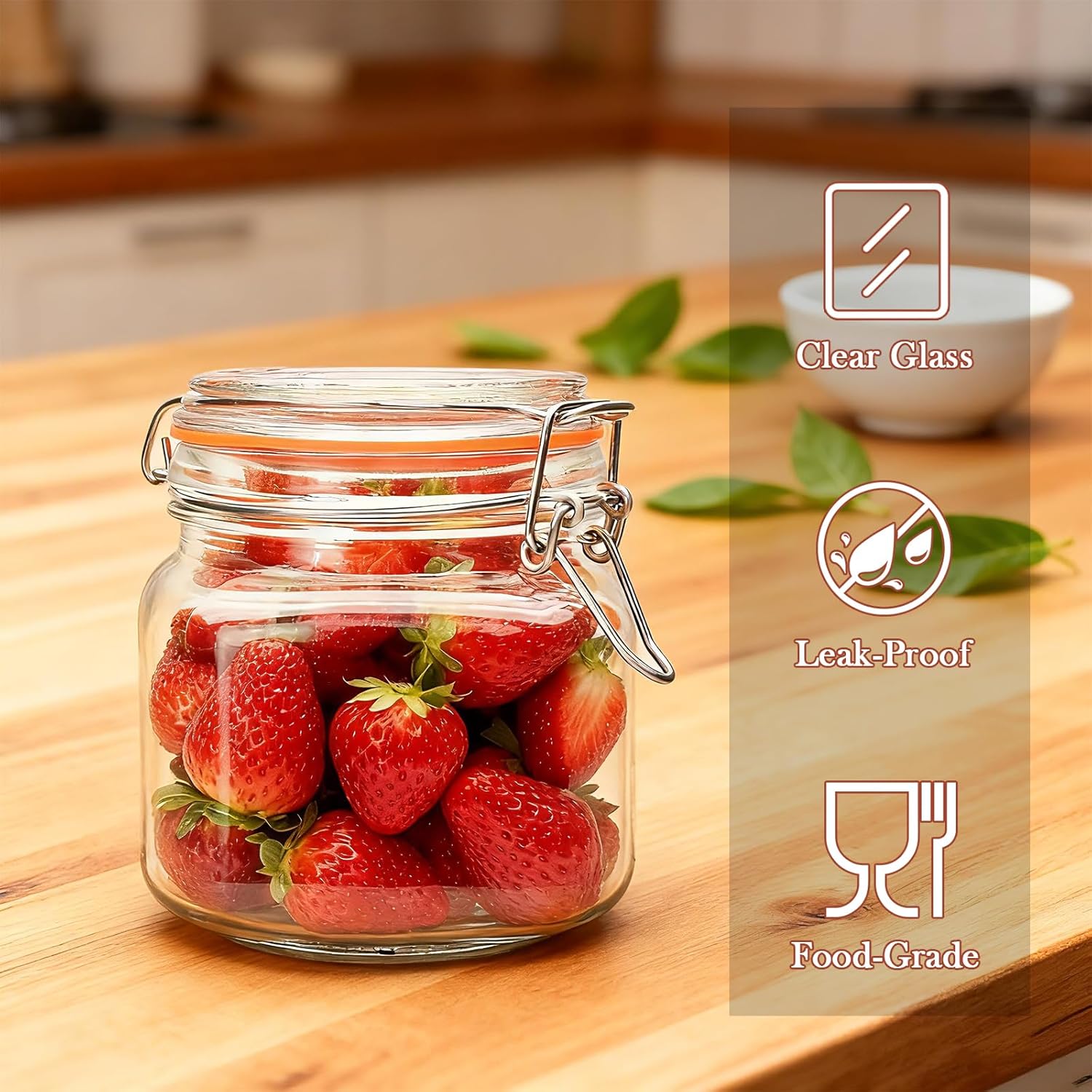Encheng 25 oz Glass Jars With Airtight Lids And Leak Proof Rubber Gasket,Wide Mouth Mason Jars With Hinged Lids For Kitchen Canisters 750ml, Glass Storage Containers 6 Pack