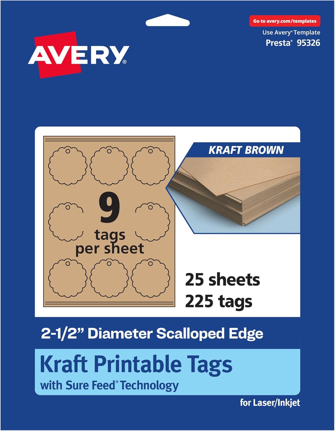 Avery Printable Round Scalloped Tags, Sure Feed Technology, 2-1/2" Diameter, Kraft Brown Cardstock, Print-To-The-Edge, Laser/Inkjet Printable, 225 Total, Great for Custom Gift or Branding Tags 225 cards