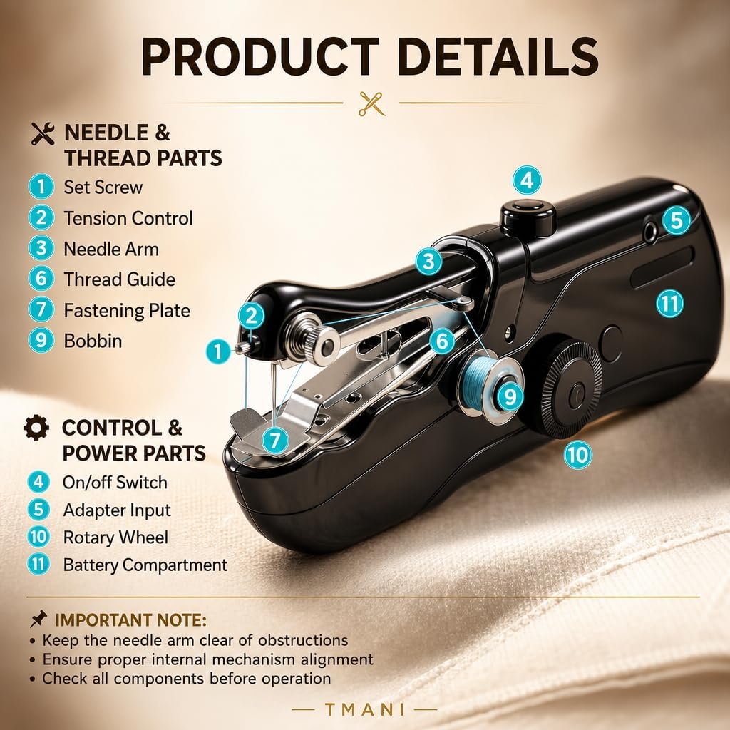 Handheld Sewing Machine,Cordless Mini Portable Sewing Machine for Beginners | Electronic Small Mending Machine for Quick Stitching, Hemming, & DIY Crafts (Black)