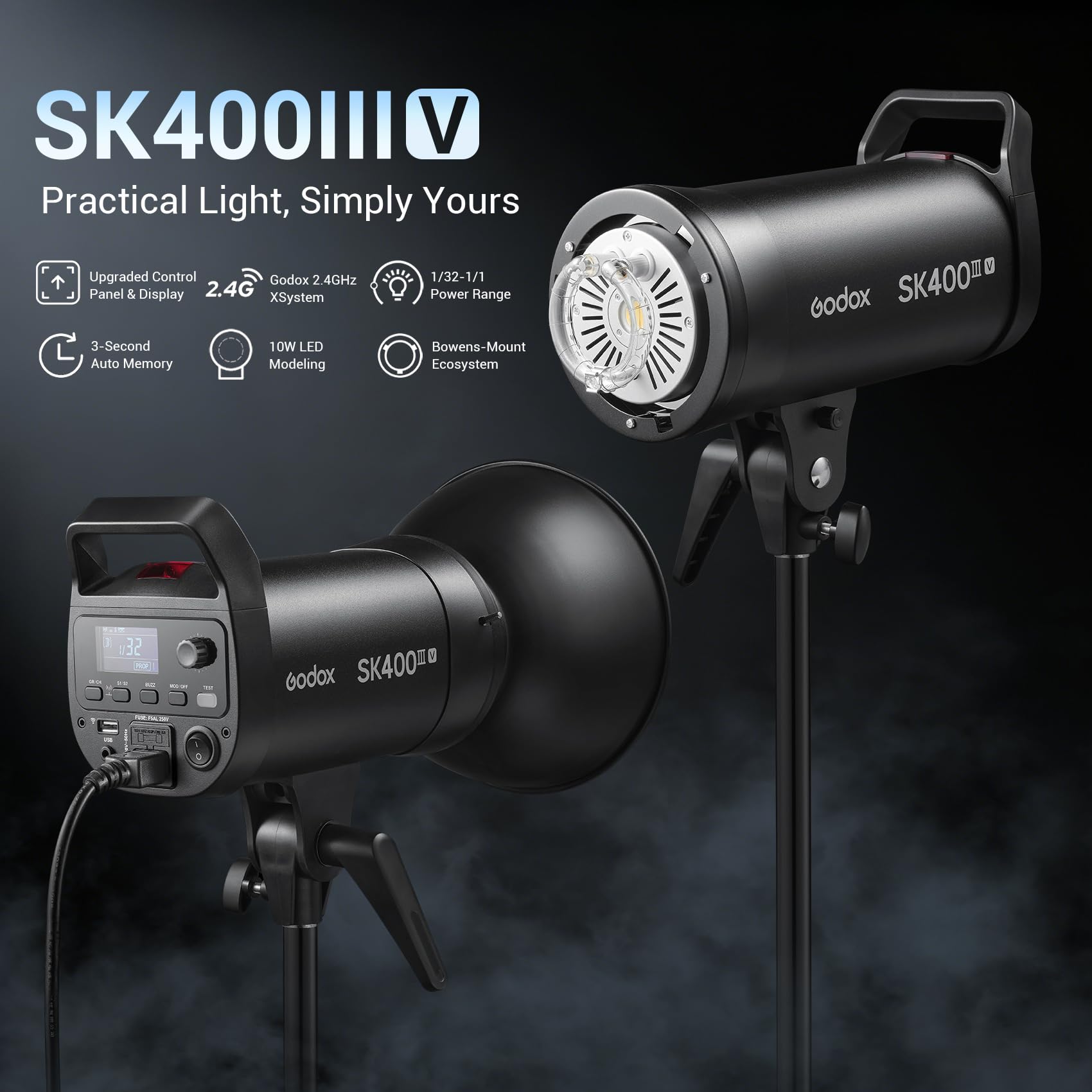 Godox SK400III-V SK400III V 400Ws Flash de Estudio Profesional Strobe | GN58,Tiempo Reciclaje 0.1-1.5s,2.4G Sistema,Montura Bowens con Lámpara Modelado LED 10W para Rodaje, Fotografía