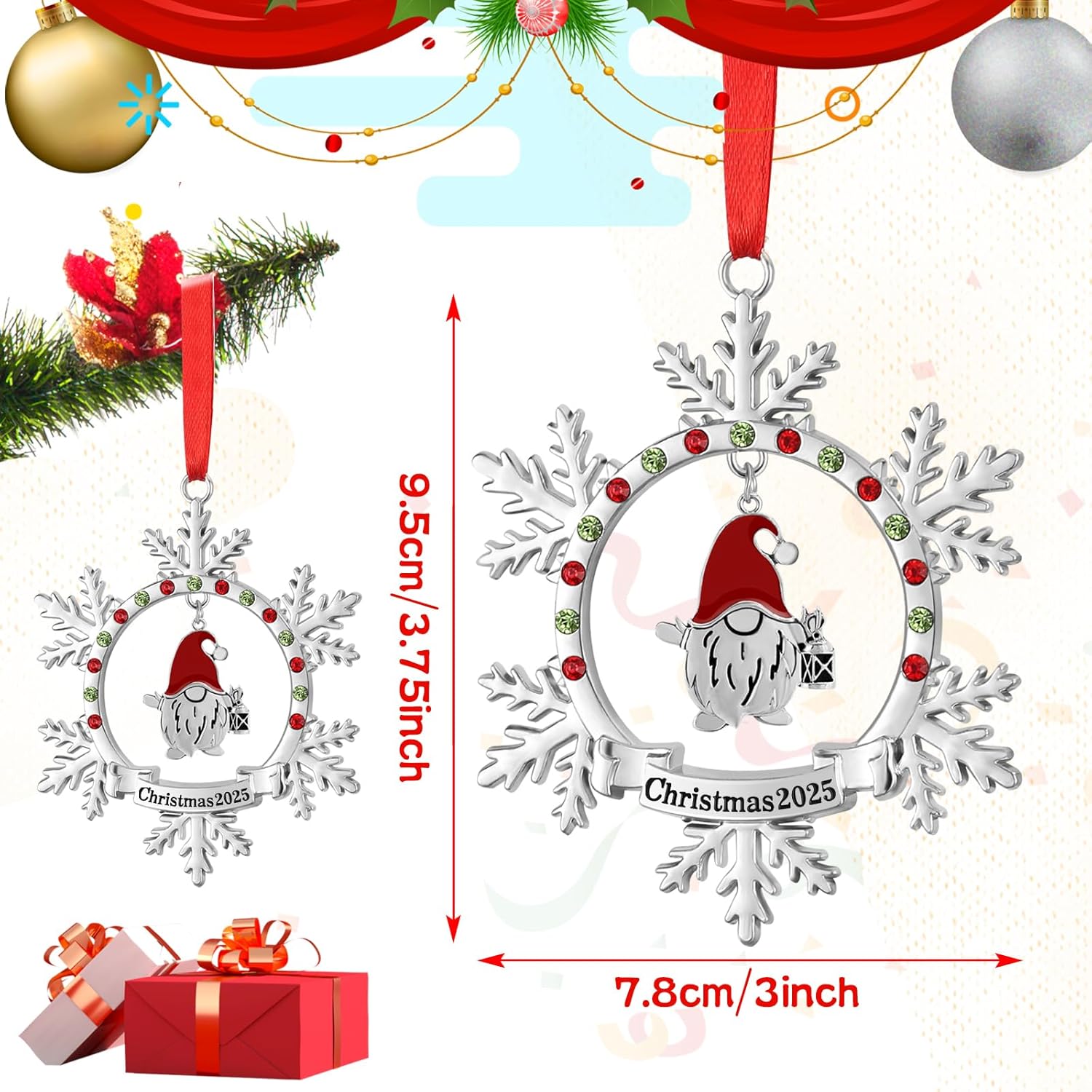 Christmas Gnome Ornament 2025 Shiny Silver Christmas Snowflake Ornaments Funny Holiday Xmas Keepsake Pendant Christmas Tree Hanging Decor Housewarming Gift (2025) - Image 2