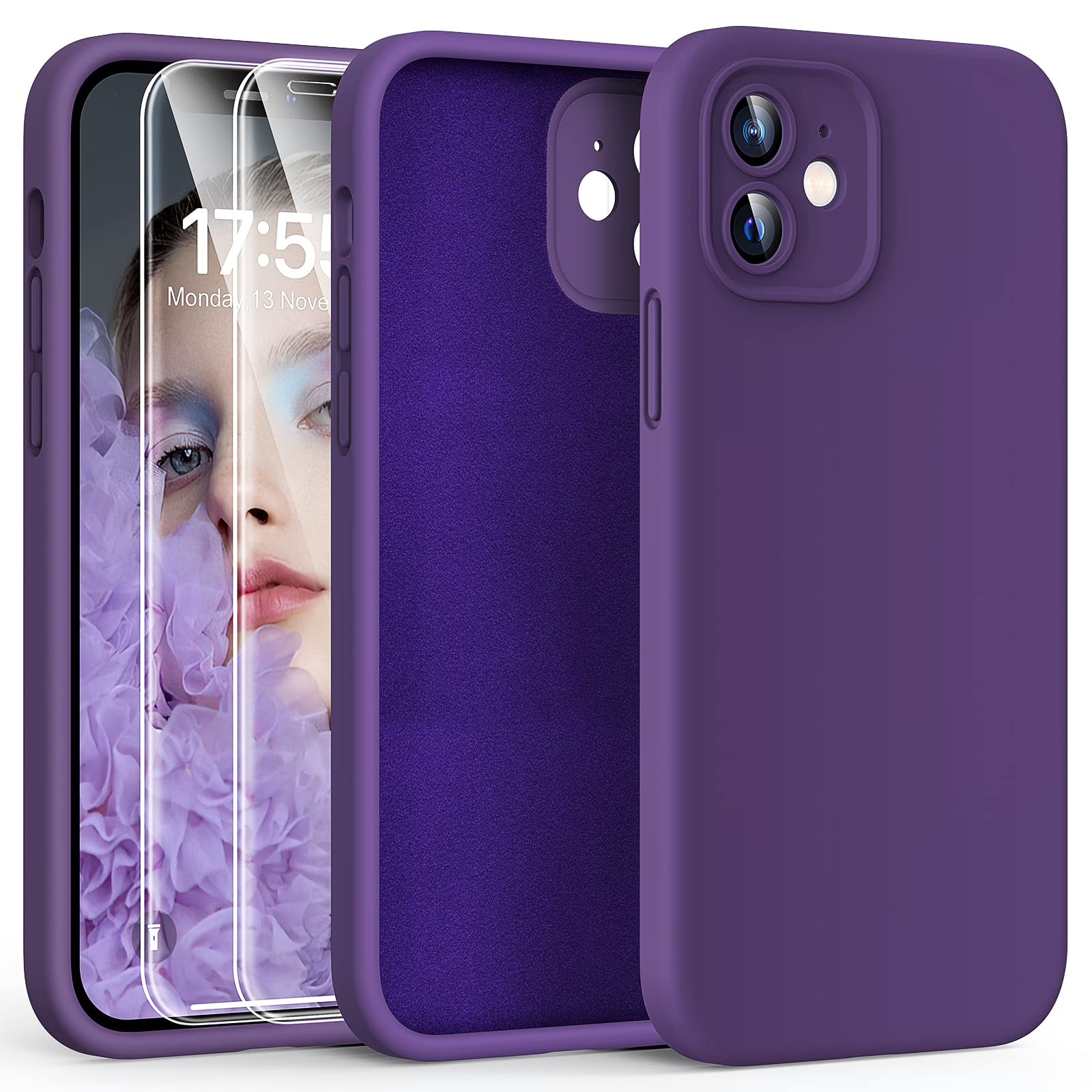 HATOSHI for iPhone 12 Case, [Upgraded Camera Protection] Liquid Silicone Phone Case with 2 Screen Protectors, Soft Anti-Scratch Microfiber Lining Shockproof Phone Cover, 6.1 inch, Midnight Purple