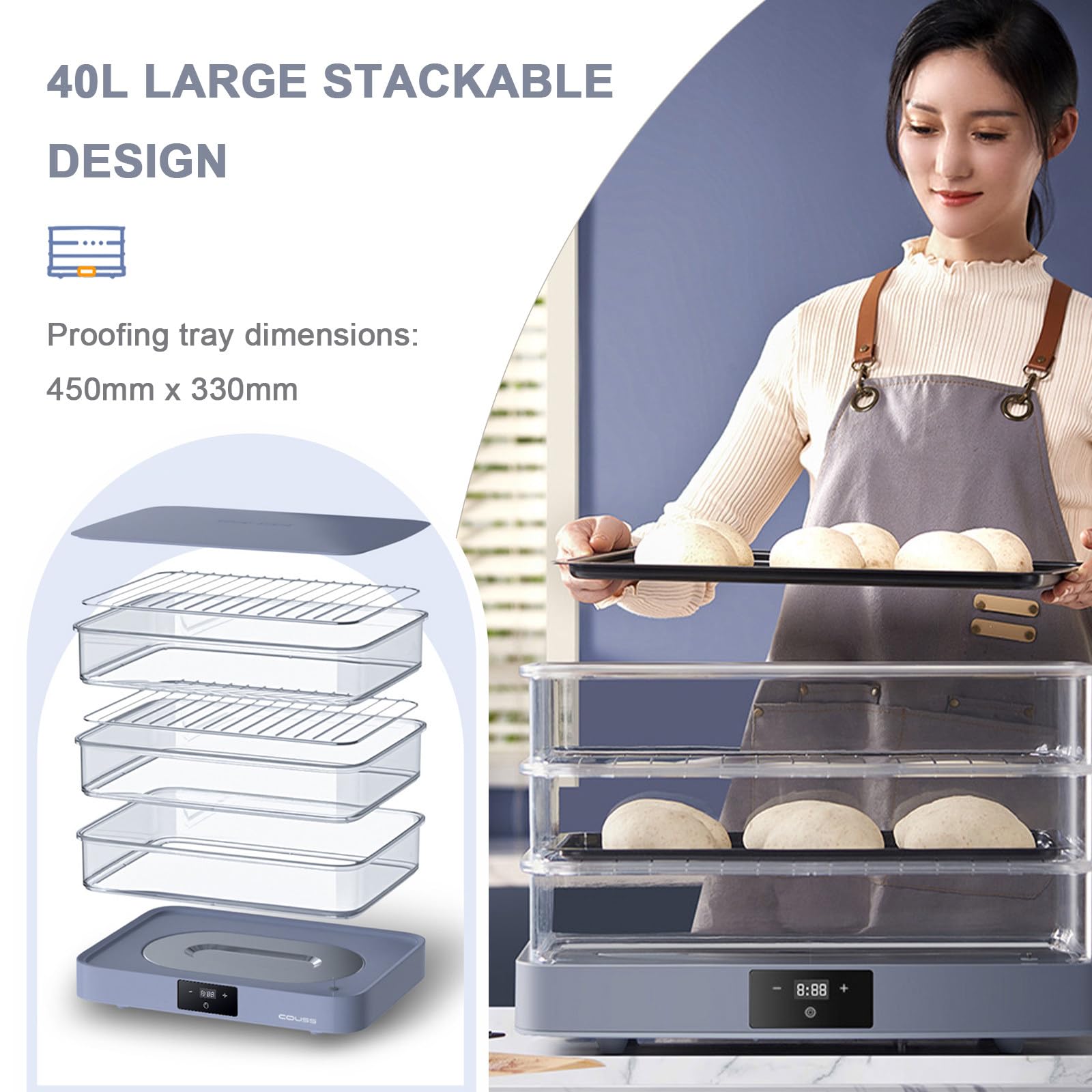 Gärbox Sauerteig & Teigbox mit Deckel – Elektronisch gesteuertes Fermentationsgerät 40L – Automatische Luftfeuchtigkeit, 24h-Timer, Transparent, für Sauerteig, Brot und fermentierte Lebensmittel
