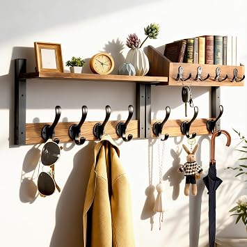ZOCONE 29" Wood Coat Rack Wall Mount with Shelf, Separable Coat and Key Holder Wall Mount, Entryway Coat Rack with Carbon Steel Fixing Rod for Greater Load-Bearing and Stability, Living Room,Bedroom