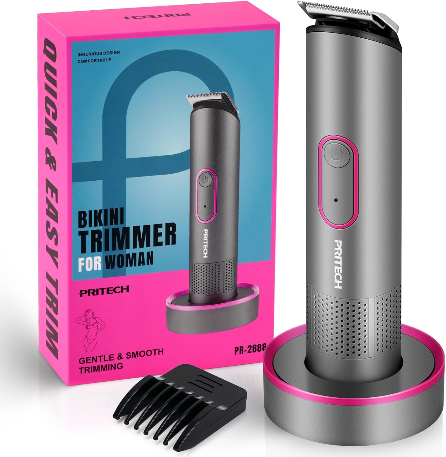 PRITECH Bikini Trimmer for Women – Rechargeable Pubic Hair Trimmer for Sensitive Skin, Wet&Dry Use, Pain-Free Electric Razor&Shaver with Standing Recharge Dock, Ideal Gift for Women, Slate Grey