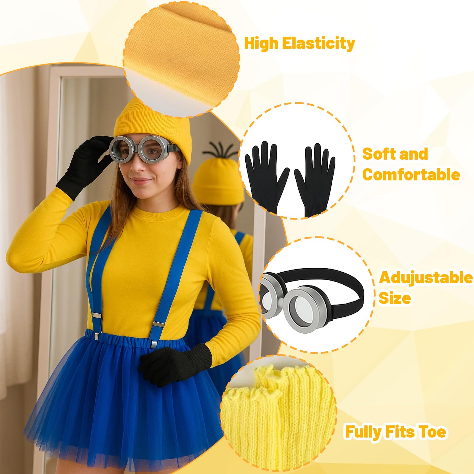 PXDUCN Fancy Dress, Halloween Decorations, 7 Pcs Yellow Costumes Includes Hat Glasses Gloves Skirt Legs Suspenders Buttons - Image 3