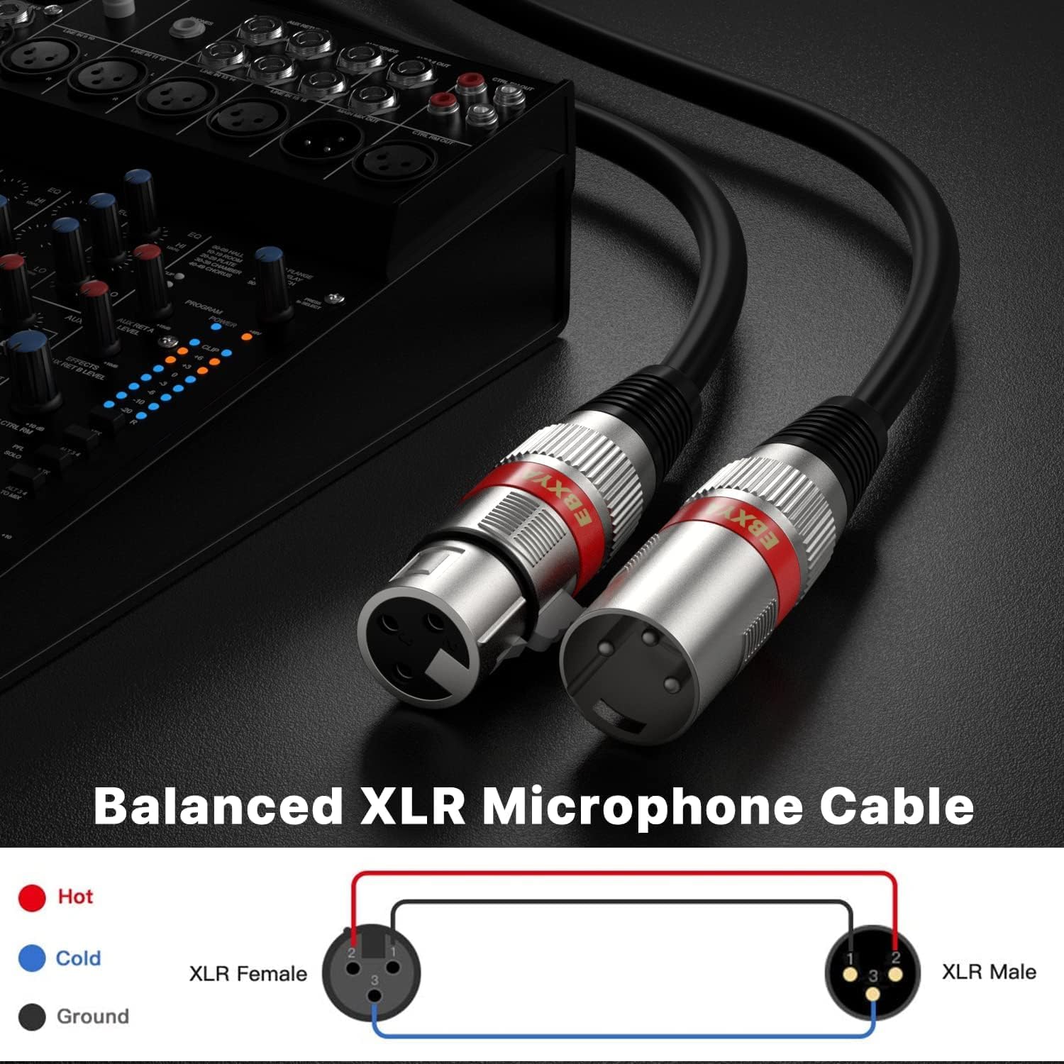 EBXYA XLR - Cable para micrófono (15 m, 2 unidades), color rojo y azul | Simétrico, apantallado, macho a hembra, robusto, bajo ruido, contactos dorados, flexibles