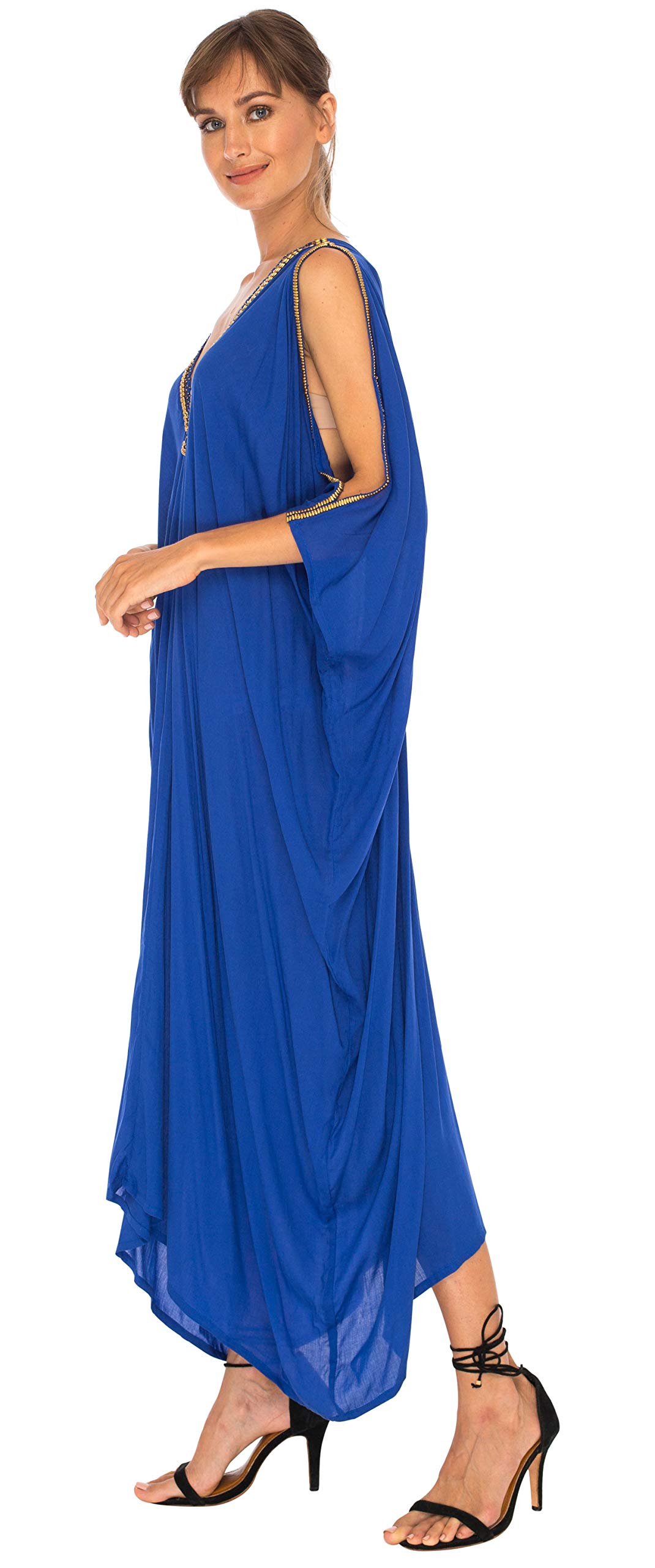 SHU-SHI - Maxi Abito/Caffetano da Spiaggia - Scollo a V e Maniche con Aperture Laterali - Dettagli Dorati - Donna