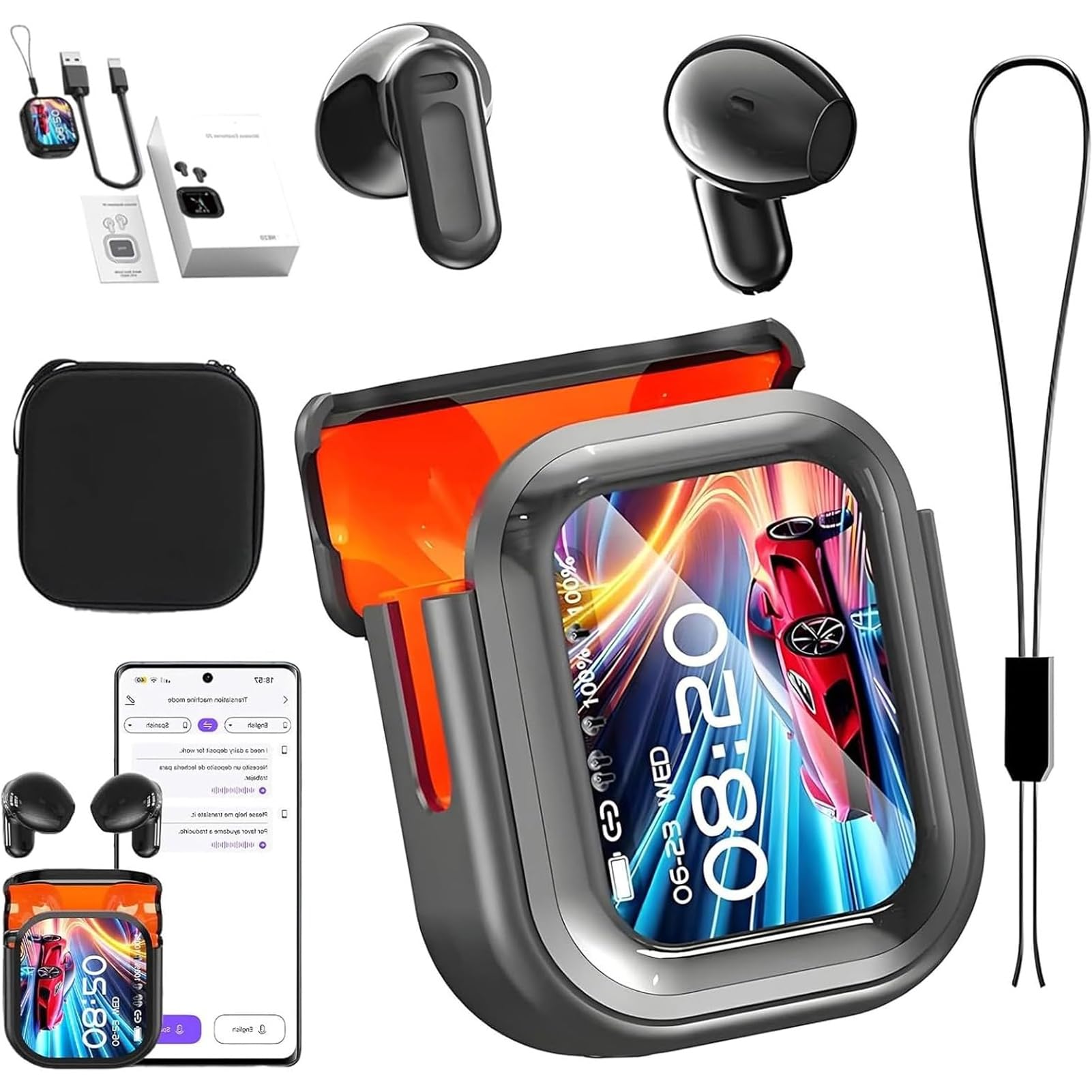 Genérico Auriculares inalámbricos NE20 Bluetooth 5.4 de Alta fidelidad, Resistentes al Agua y con Pantalla LED. Auriculares Ne20 con traducción IA en Tiempo Real, batería de 48 Horas (Black)