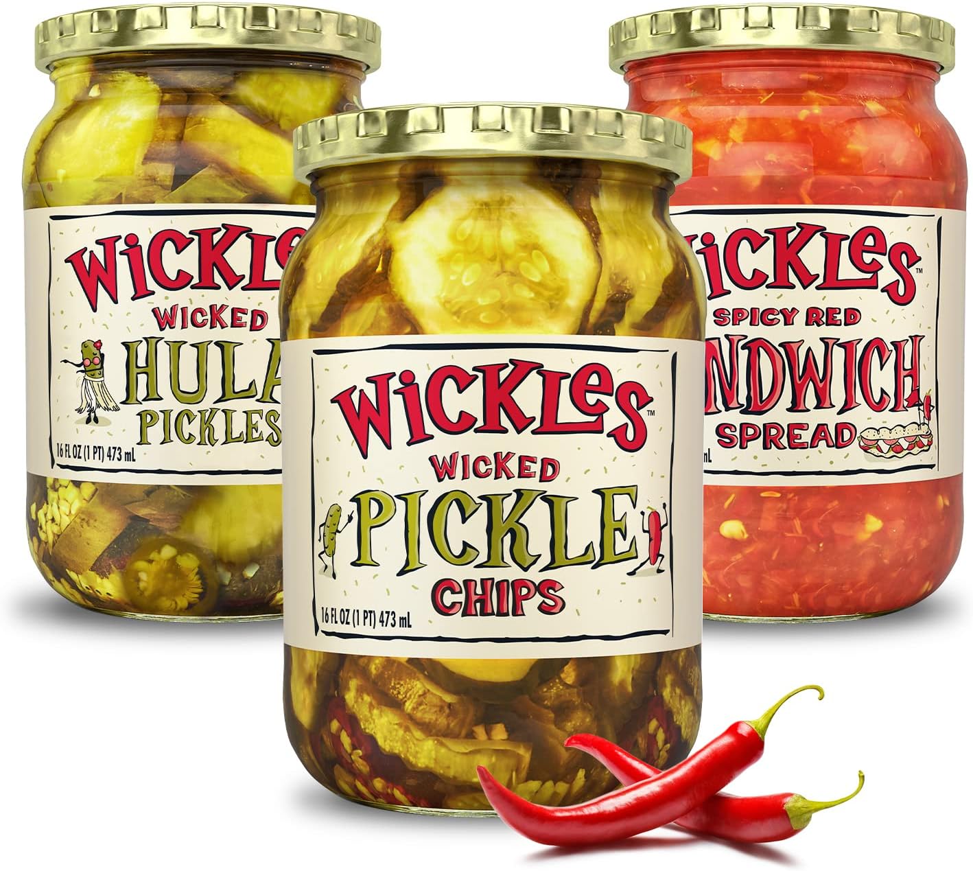 Wickles Pickles Variety Pack (3 Pack - 16oz Each) - Wicked Pickle Chips, Wicked Hula Pickles & Spicy Red Sandwich Spread - Slightly Sweet, Definitely Spicy, Wickedly Delicious