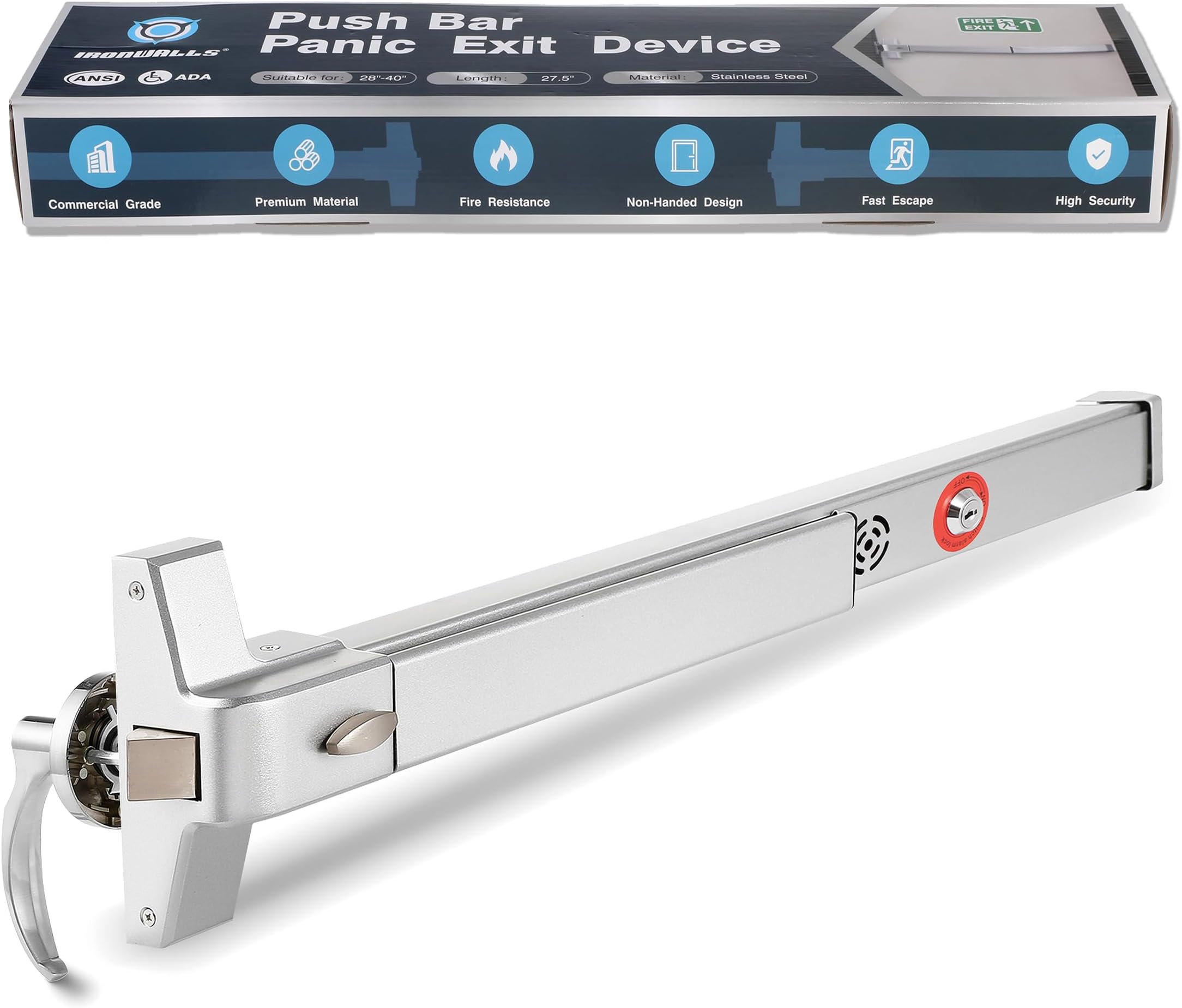 IRONWALLS Push Bar Panic Exit Device with Alarm & Exterior Lever, 70cm/27.5โ Long Alarmed Emergency Exit Door Push Bar Lock, Fireproof Commercial Panic Door Hardware for Doors 27.5โ-41โ Wide
