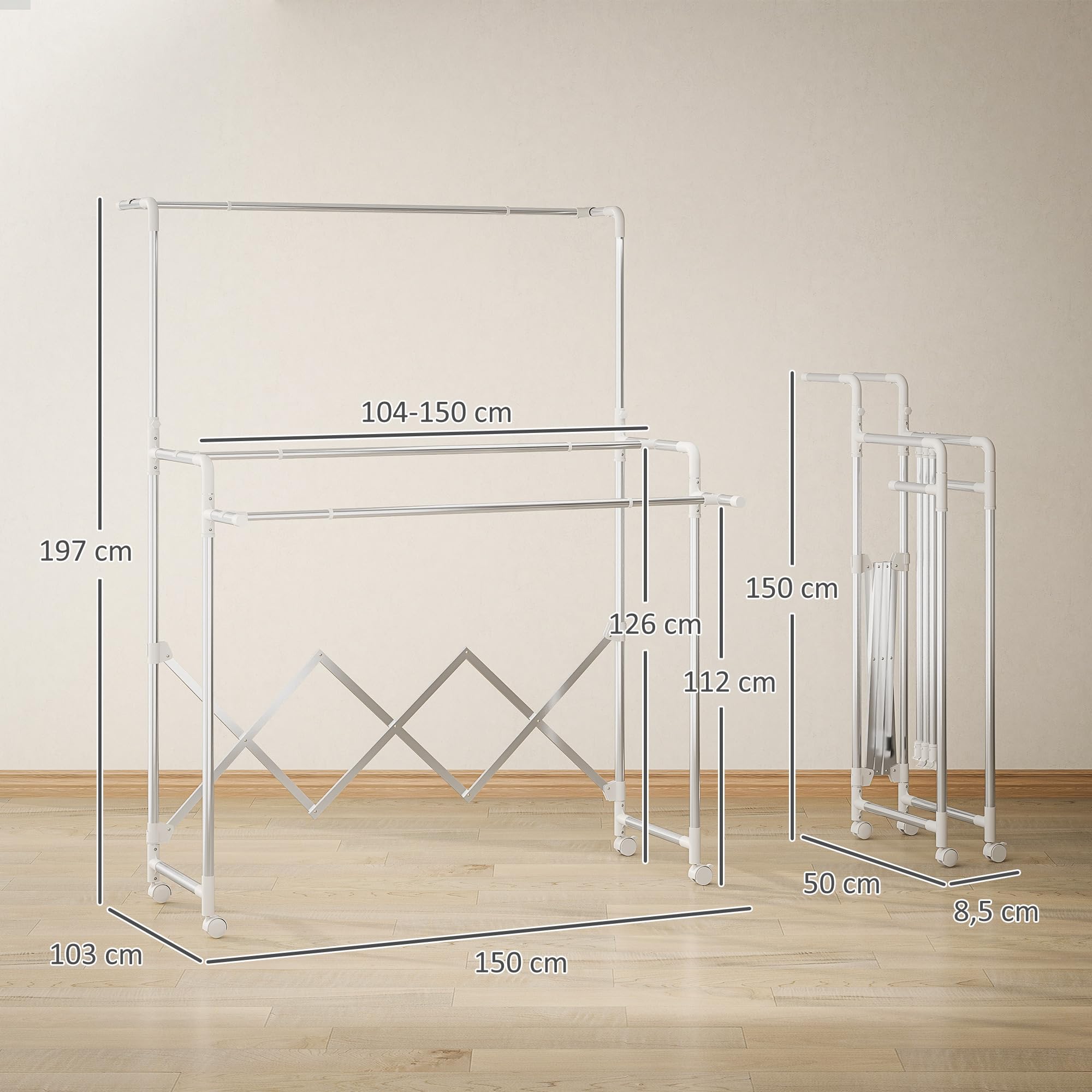 HOMCOM Séchoir à Linge Pliable 104-150 x 103 x 145-197 cm Argent