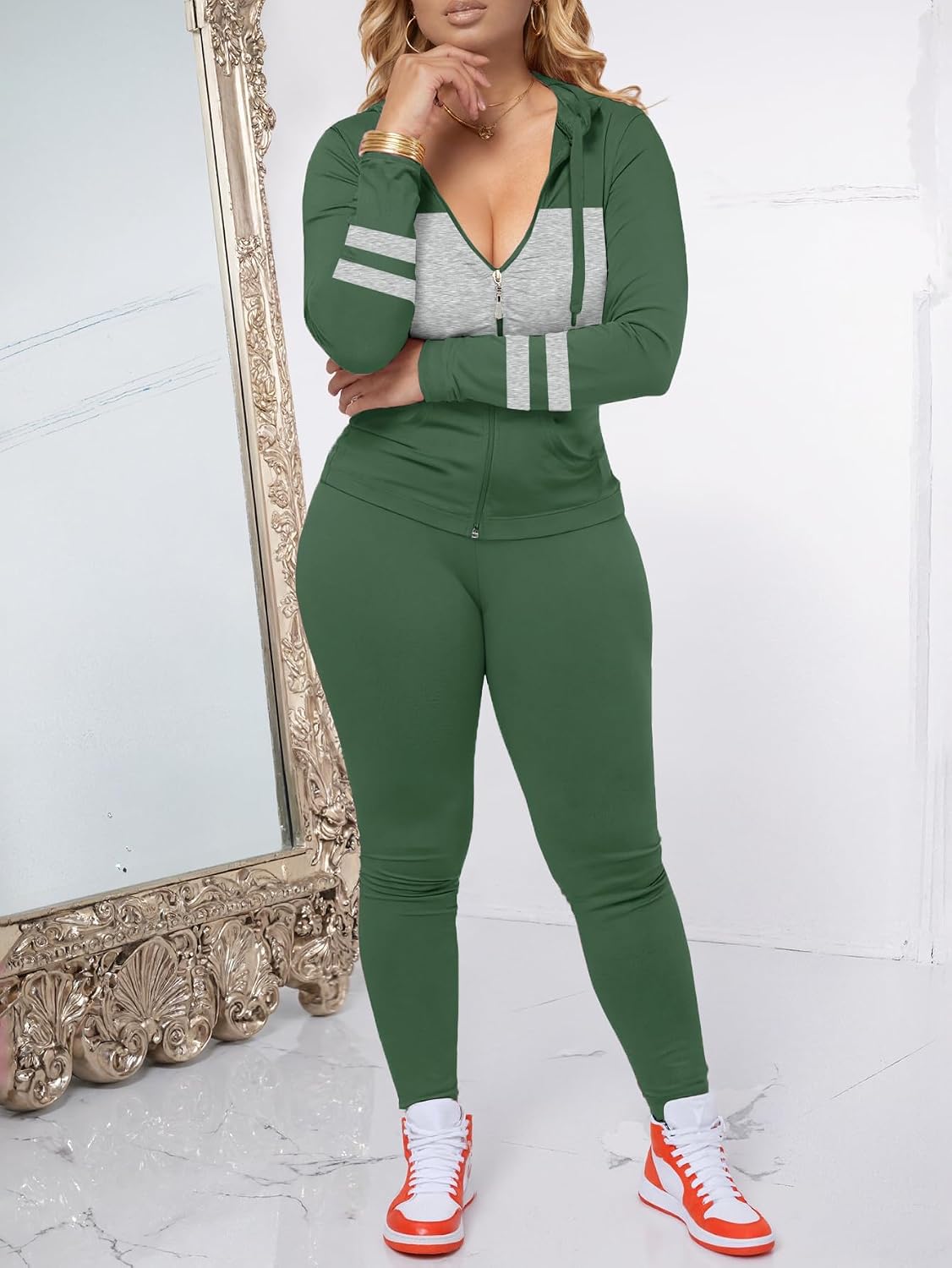 STOLKISS Women 2 Piece Outfits Workout Sets Bodycon Tracksuit Long Sleeve Zip Up Hoodie Jacket Jogger Matching Sweat Pant Set