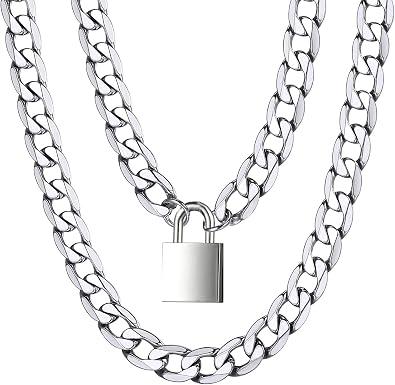 Padlock Necklace Stainless Steel Lover Heart Lock Collar Choker for Men Women Silver 16-20 inch
