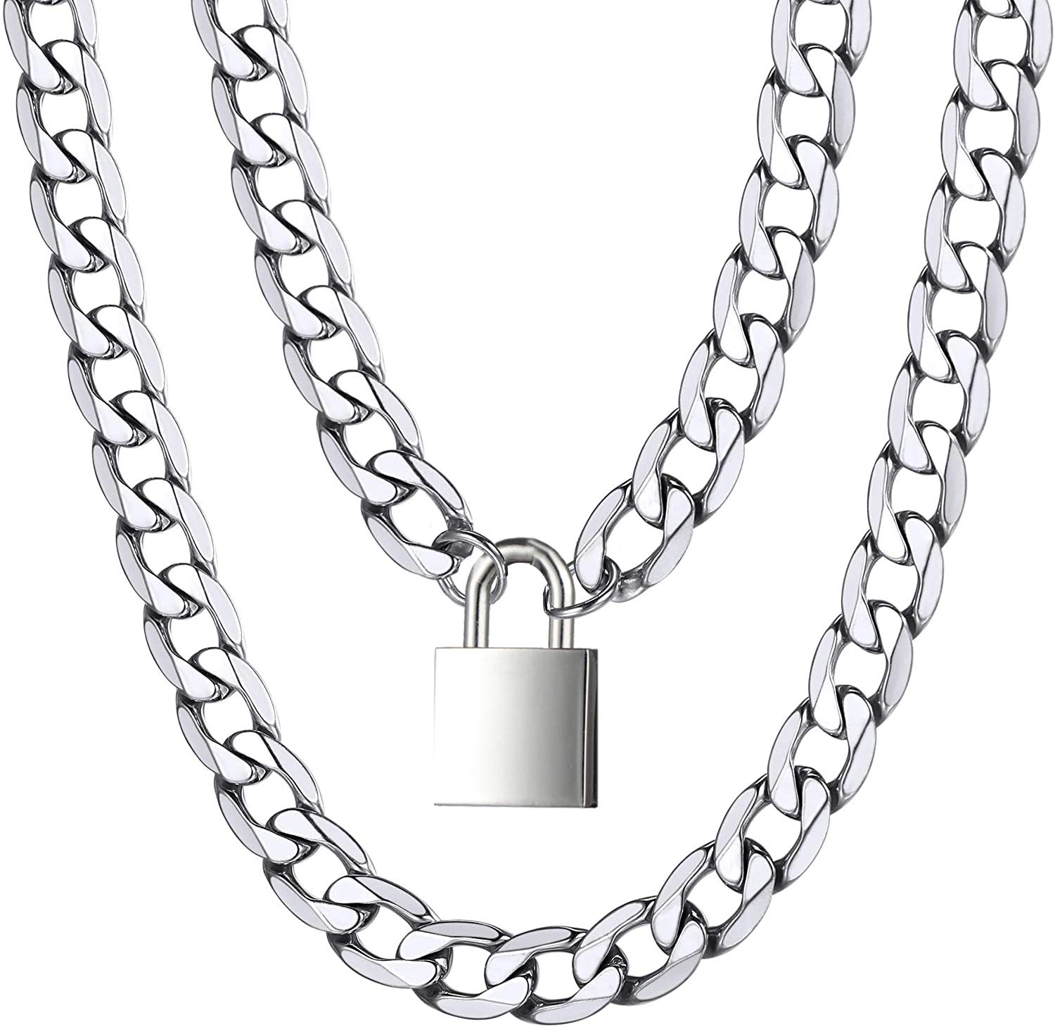 LEWECEEO Padlock Necklace Stainless Steel Lover Heart Lock Collar Choker for Men Women Silver 16-24 inch