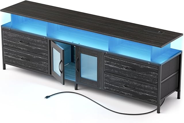 REAHOME 63" TV Se tenir debout pour 65 75 1 cm TV, Centre de divertissement avec station de recharge et LED Table de console légère avec armoires de rangement & Étagères, commode TV Stand pour le salon, Charcoal noir